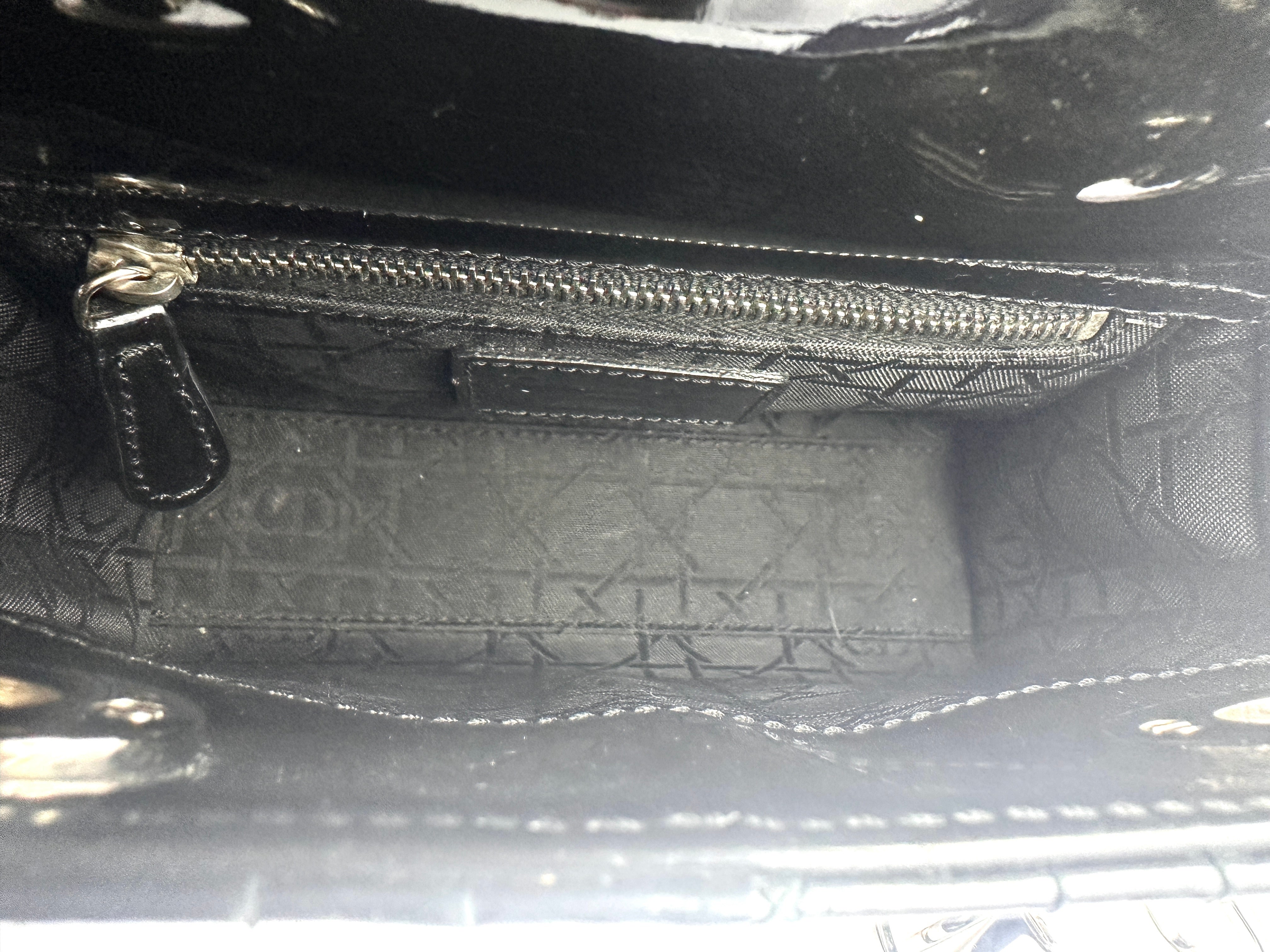 Christian Dior Lady Dior Black Patent Cannage Leather Handle Bag With Silver Charms DR519