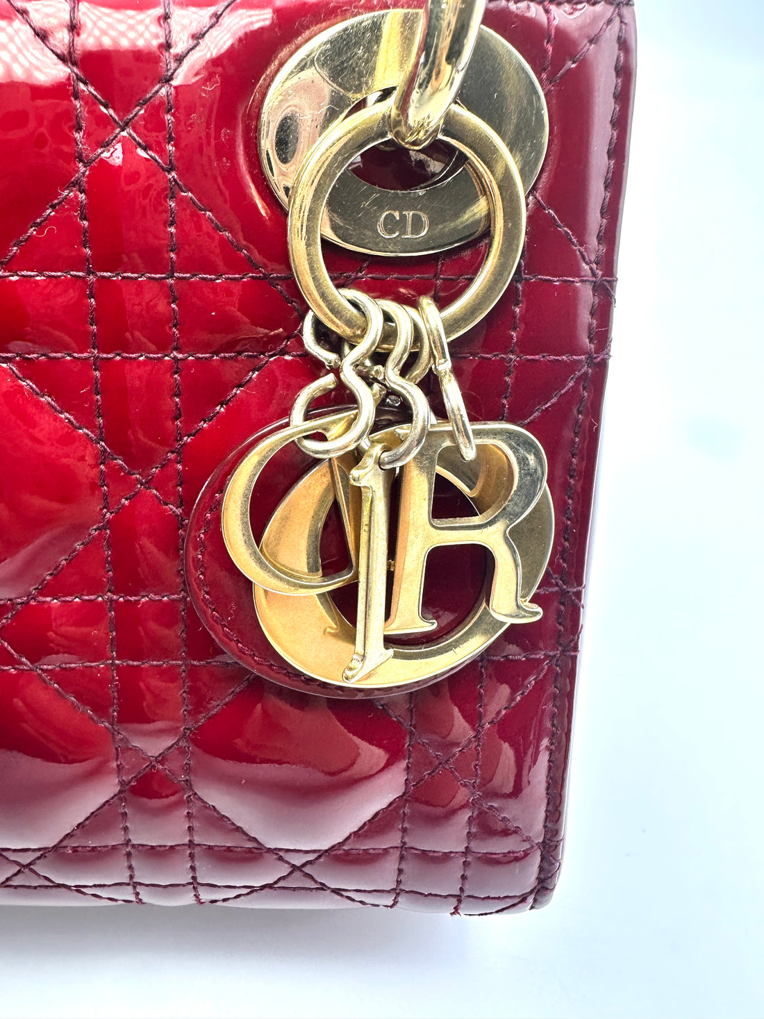 Christian Dior Lady Dior Red Cannage Leather Handle Bag With Gold Charms DR515