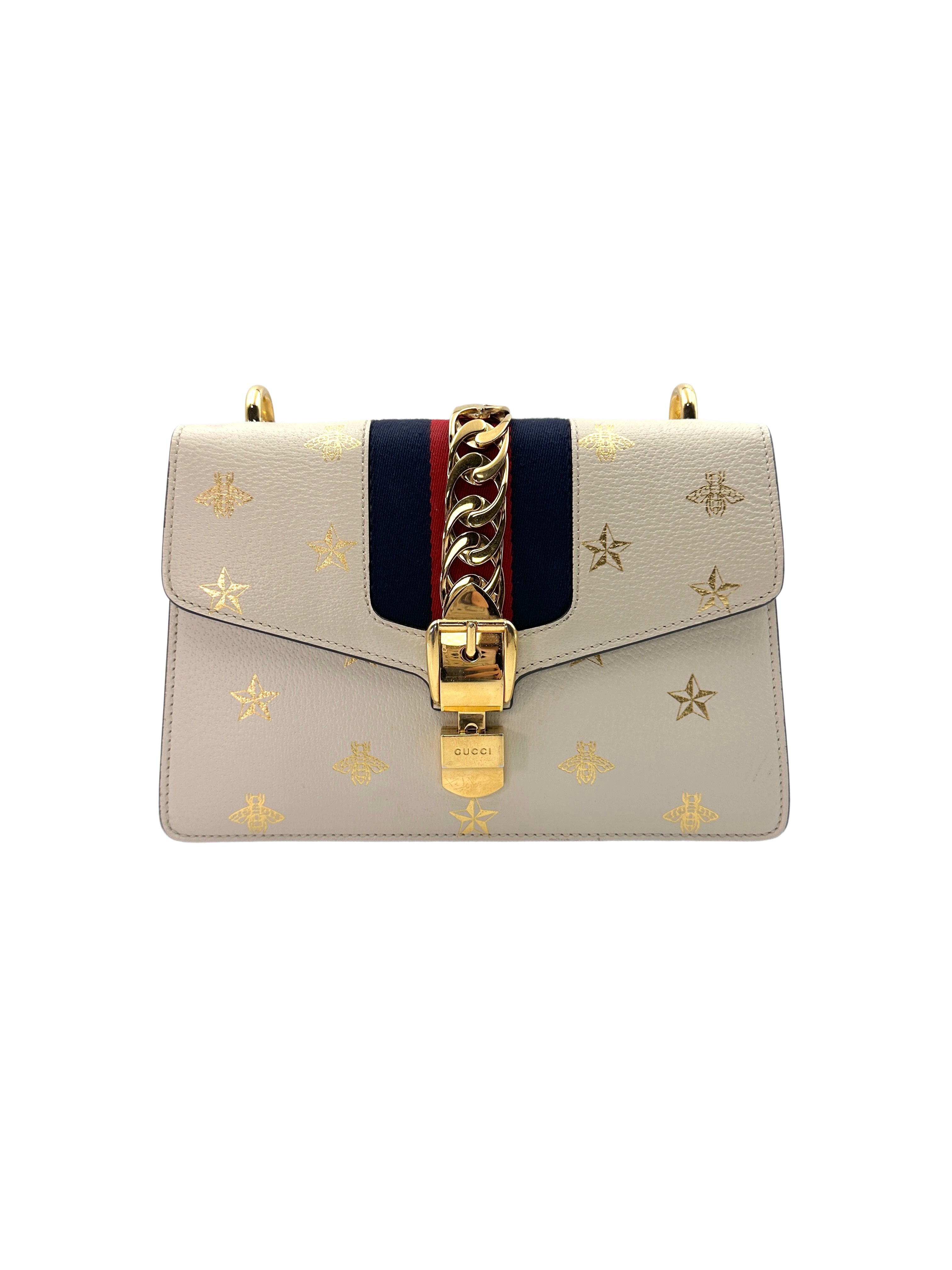 Gucci Sylvie White Leather Bee&Star Printed Shoulder Bag GG639