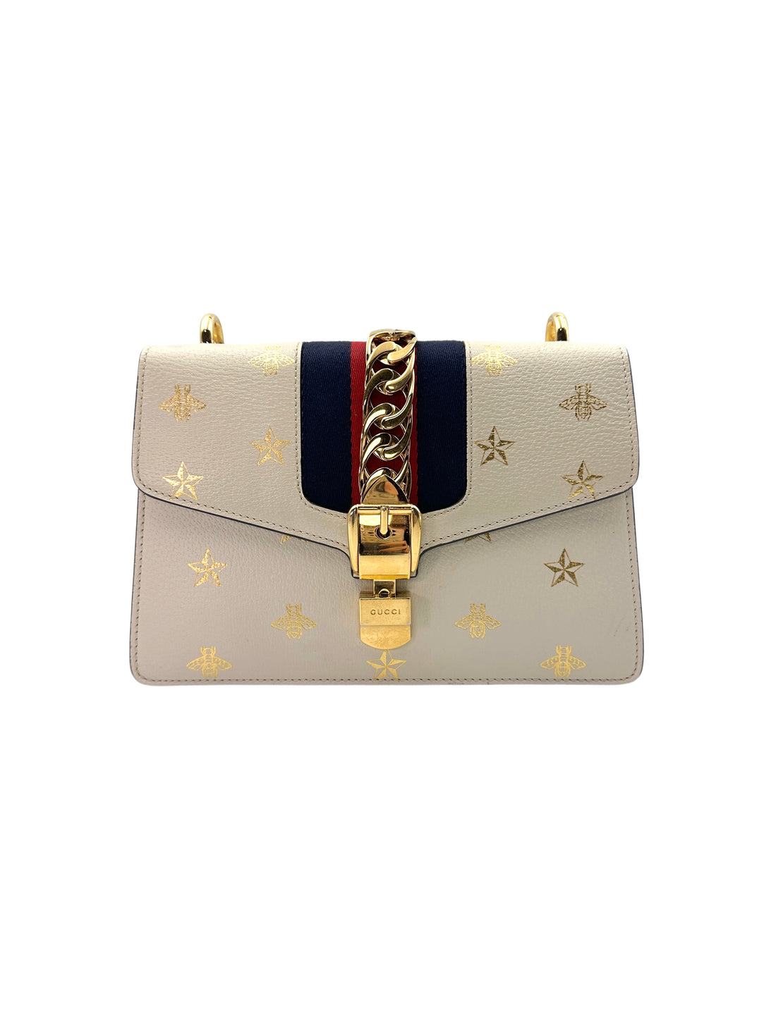 Gucci Sylvie White Leather Bee&Star Printed Shoulder Bag GG639