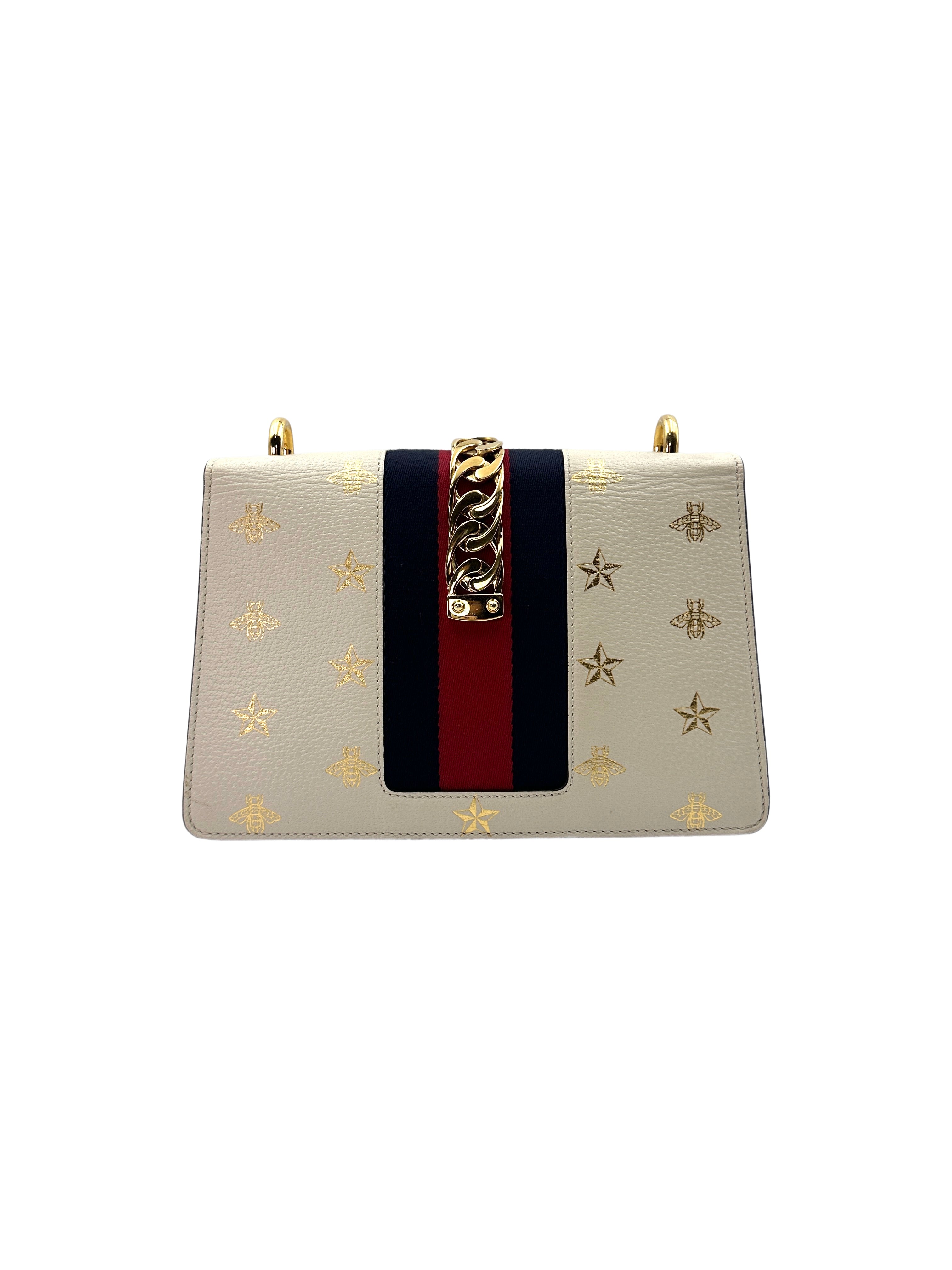 Gucci Sylvie White Leather Bee&Star Printed Shoulder Bag GG639