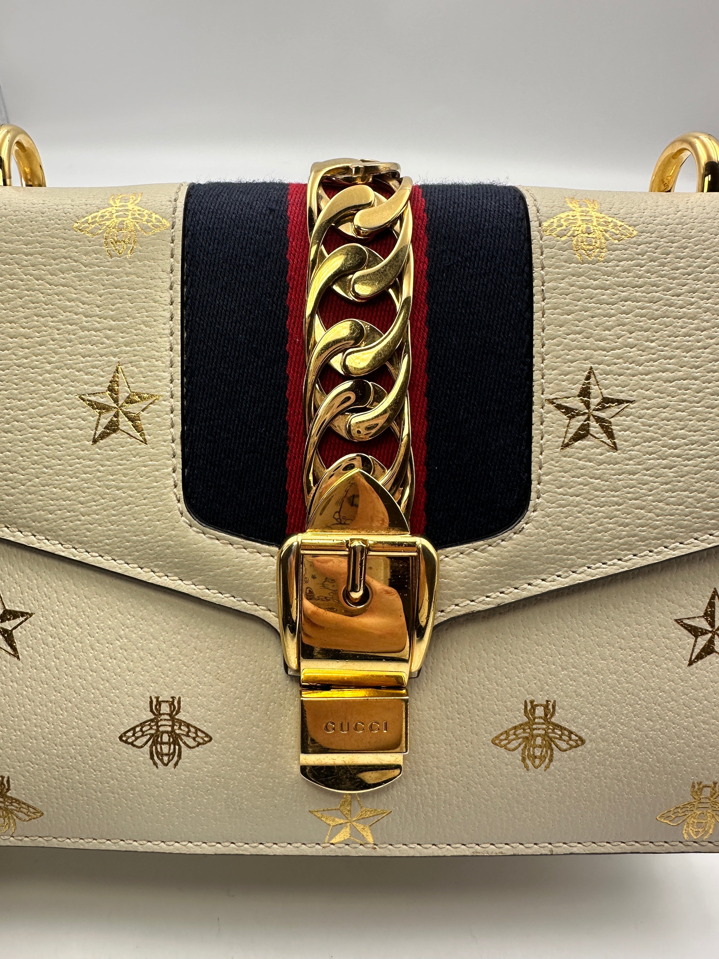Gucci Sylvie White Leather Bee&Star Printed Shoulder Bag GG639
