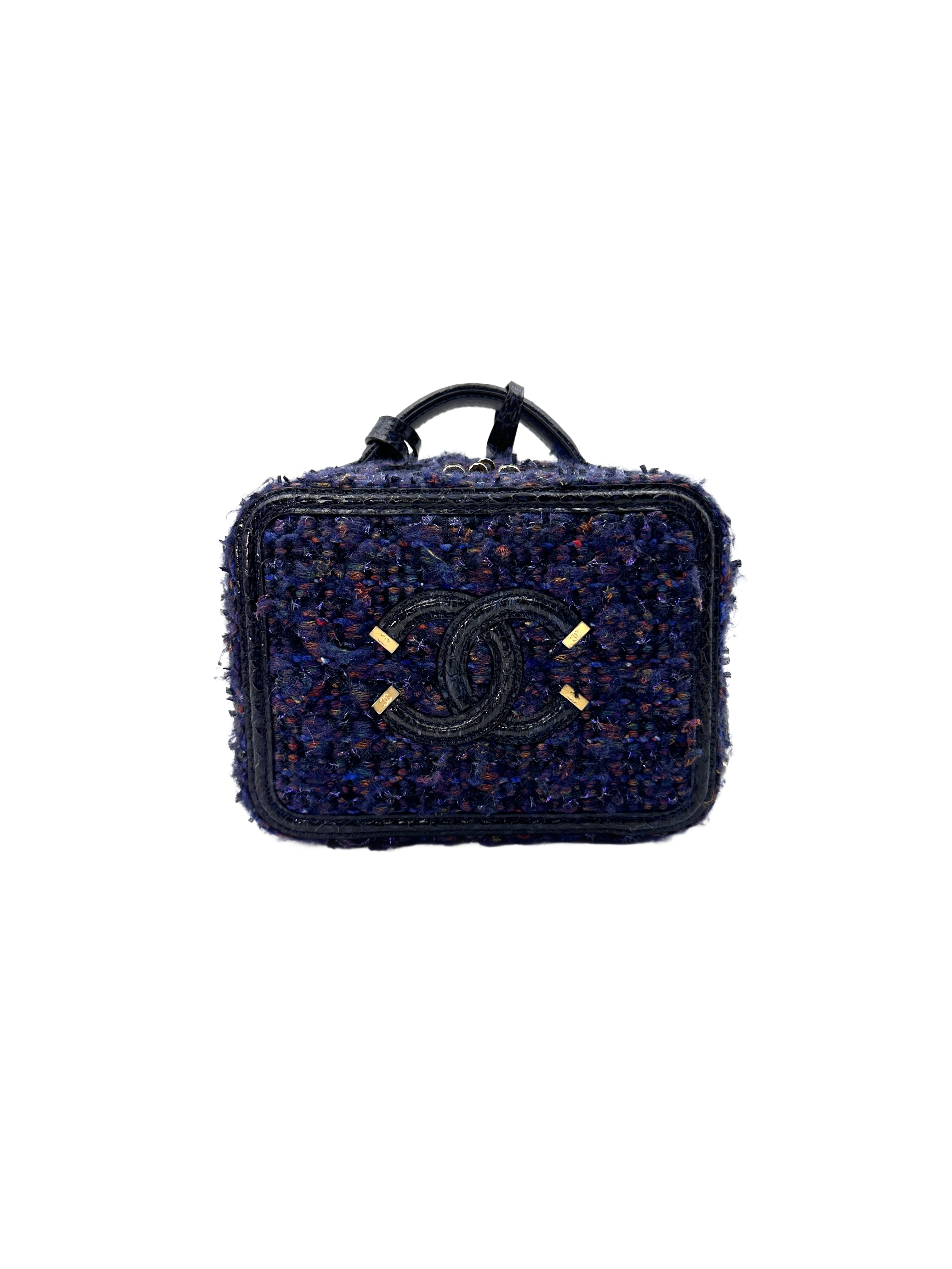 Chanel CC Filigree Navy Tweed Snakeskin Top Handle Vanity Case(26***31) IRIS042