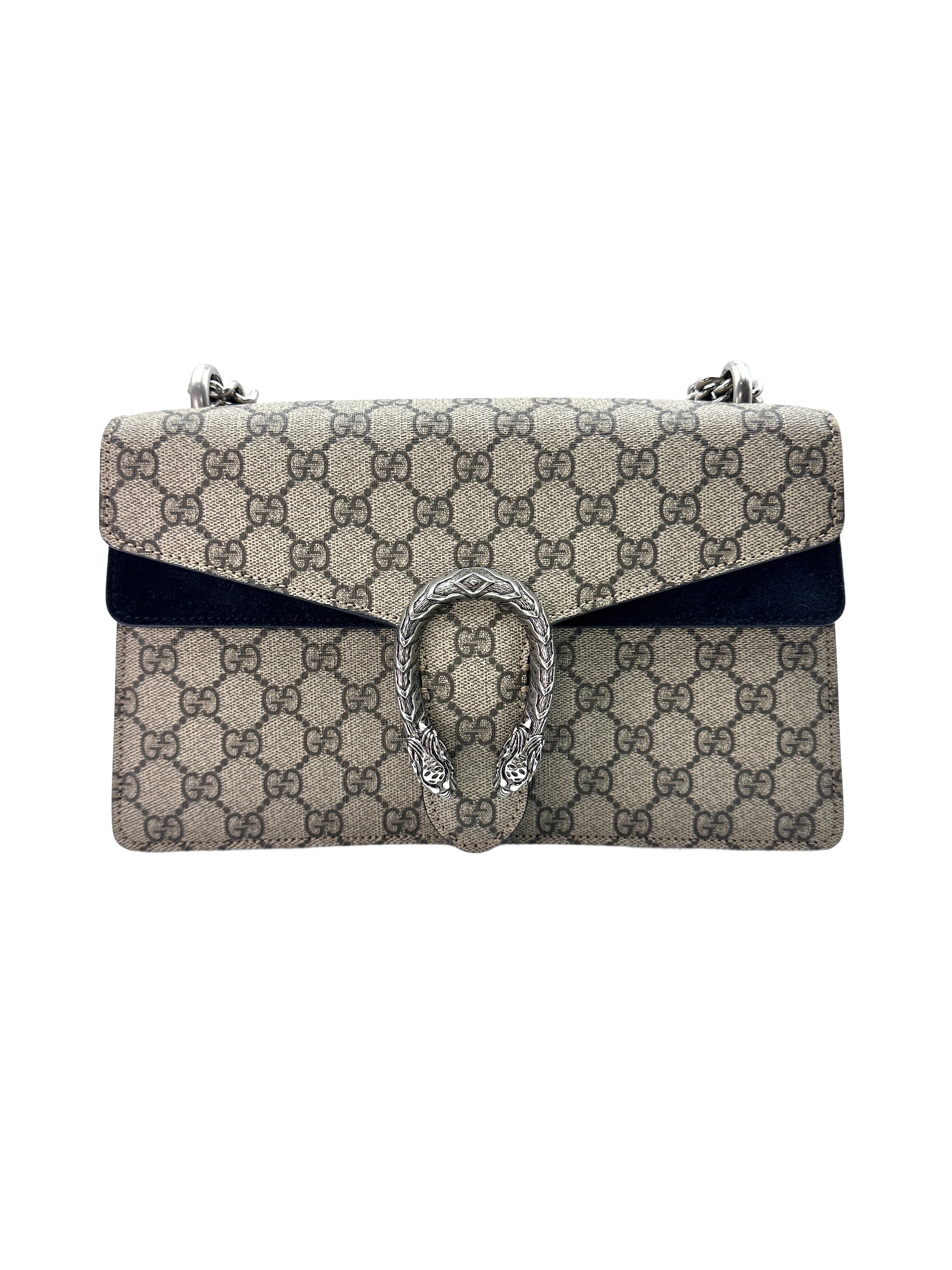 Gucci Dionysus GG Supreme Canvas Medium Size Shoulder Bag With Black Suede GG642