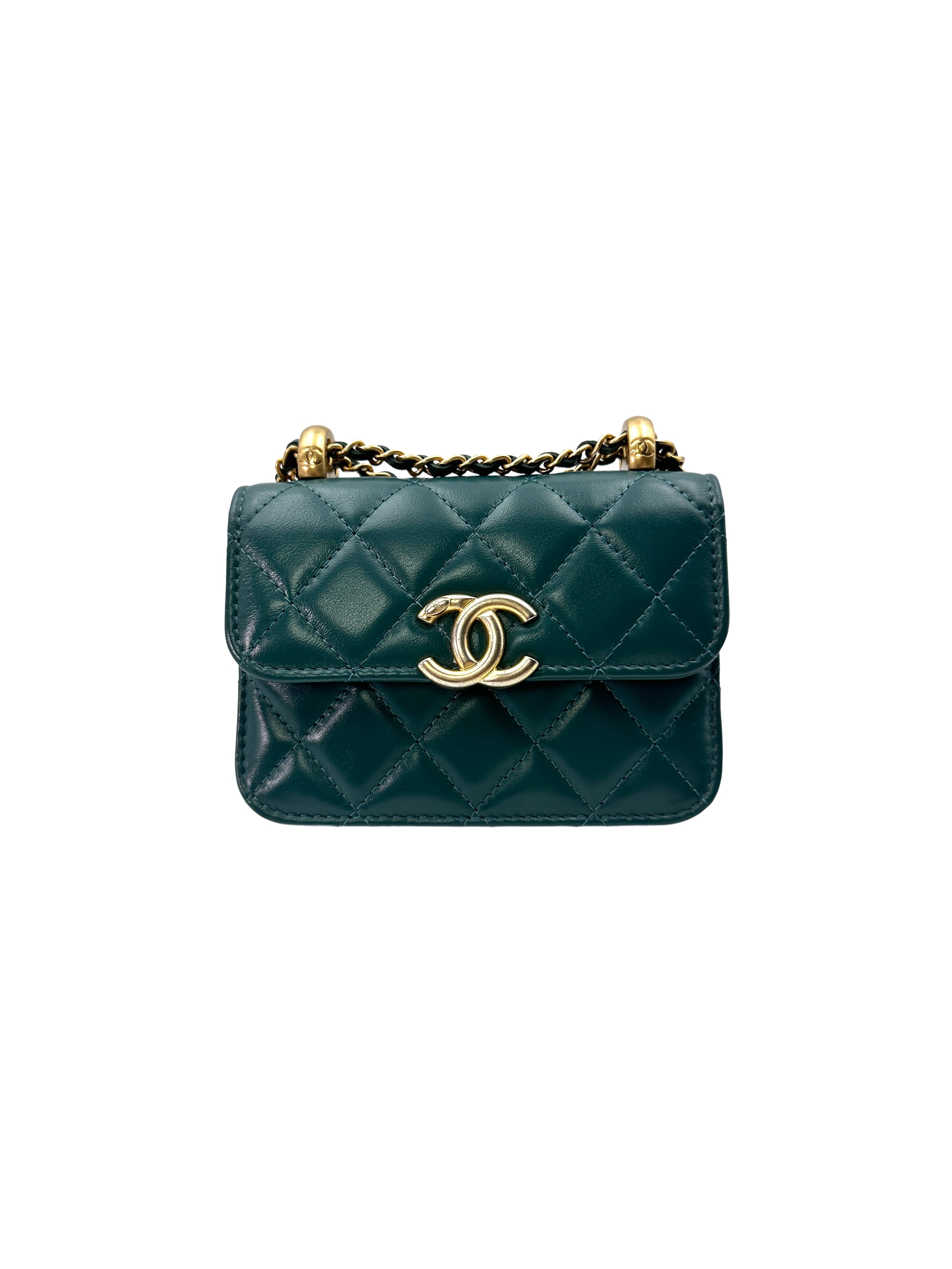 Chanel 21A Green Quilted Leather Mini Wallet On Chain With Gold Hardware(31***80) CC1457