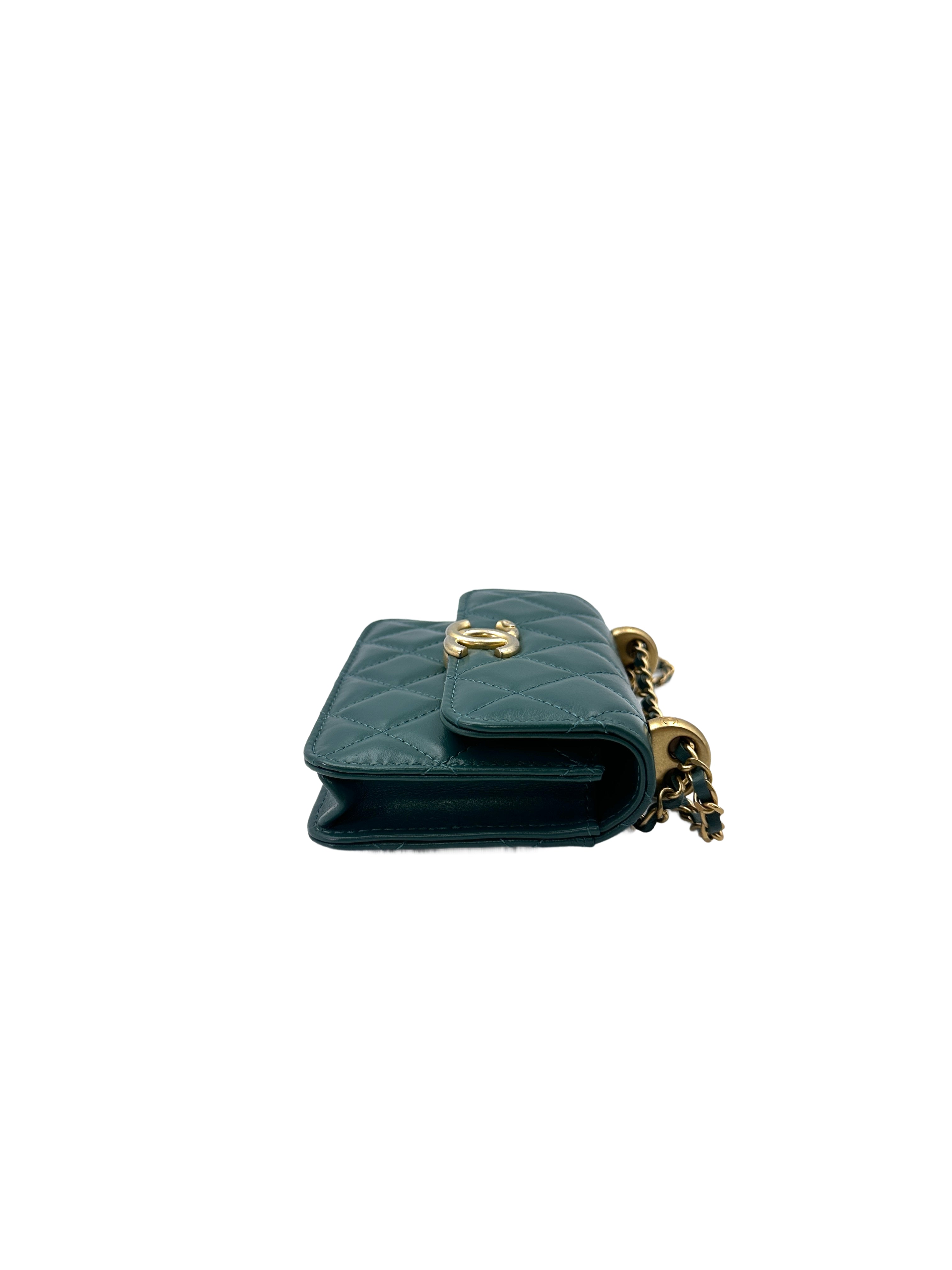 Chanel 21A Green Quilted Leather Mini Wallet On Chain With Gold Hardware(31***80) CC1457