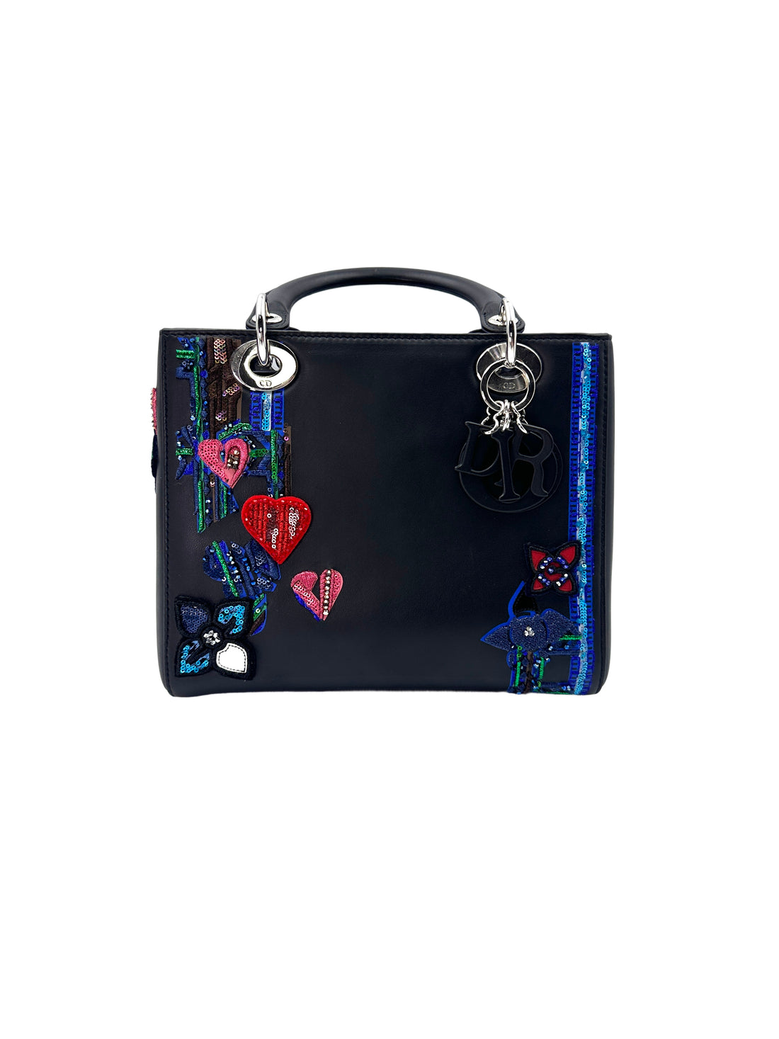 Christian Dior Lady Dior Black Heart Sequin Patch Embellished Handle Bag With Black Charms DR532