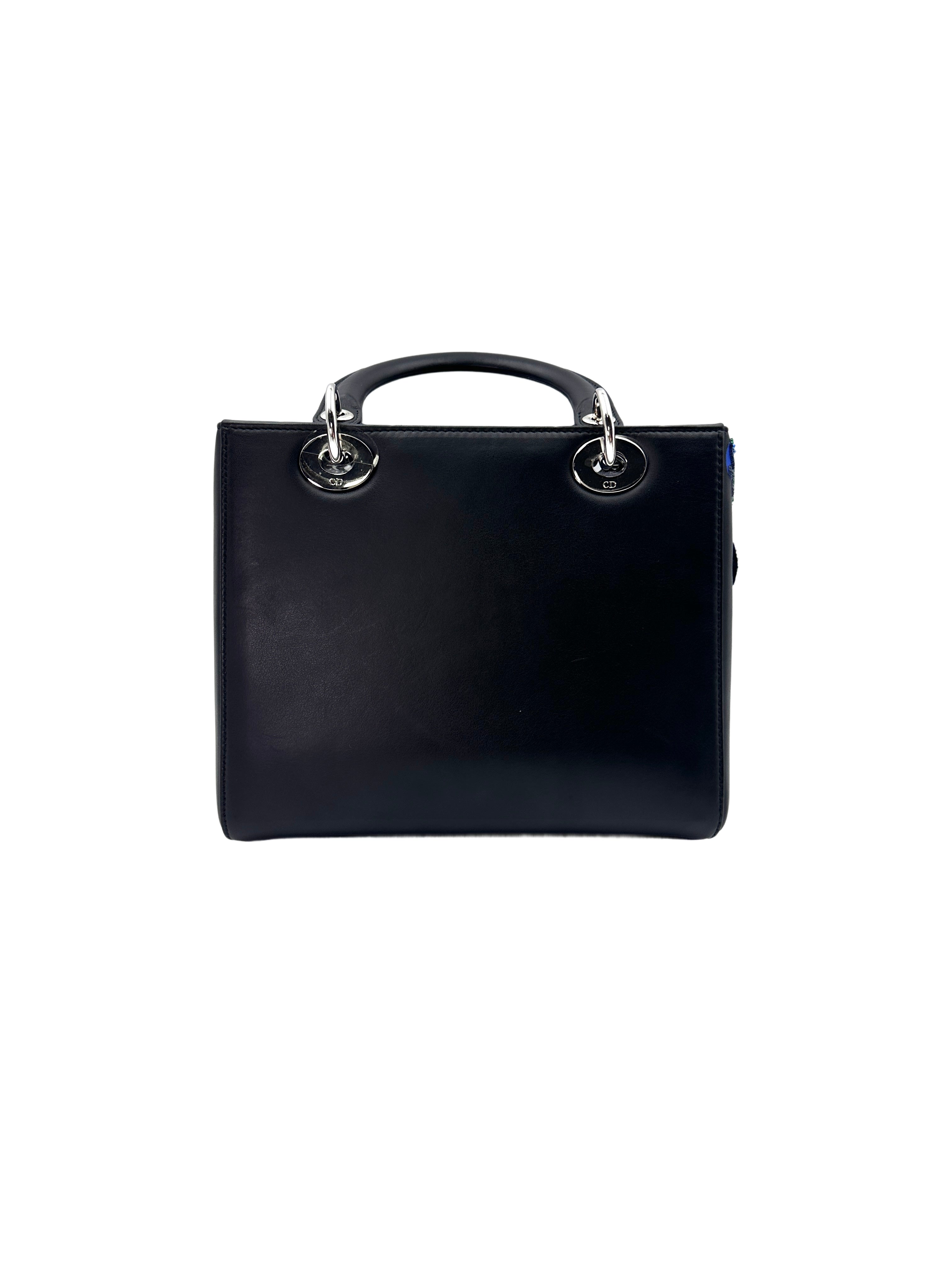 Christian Dior Lady Dior Black Heart Sequin Patch Embellished Handle Bag With Black Charms DR532