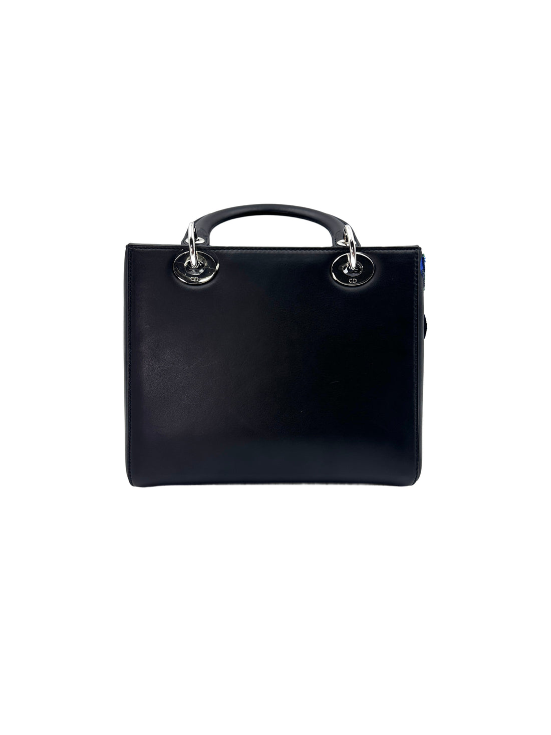 Christian Dior Lady Dior Black Heart Sequin Patch Embellished Handle Bag With Black Charms DR532