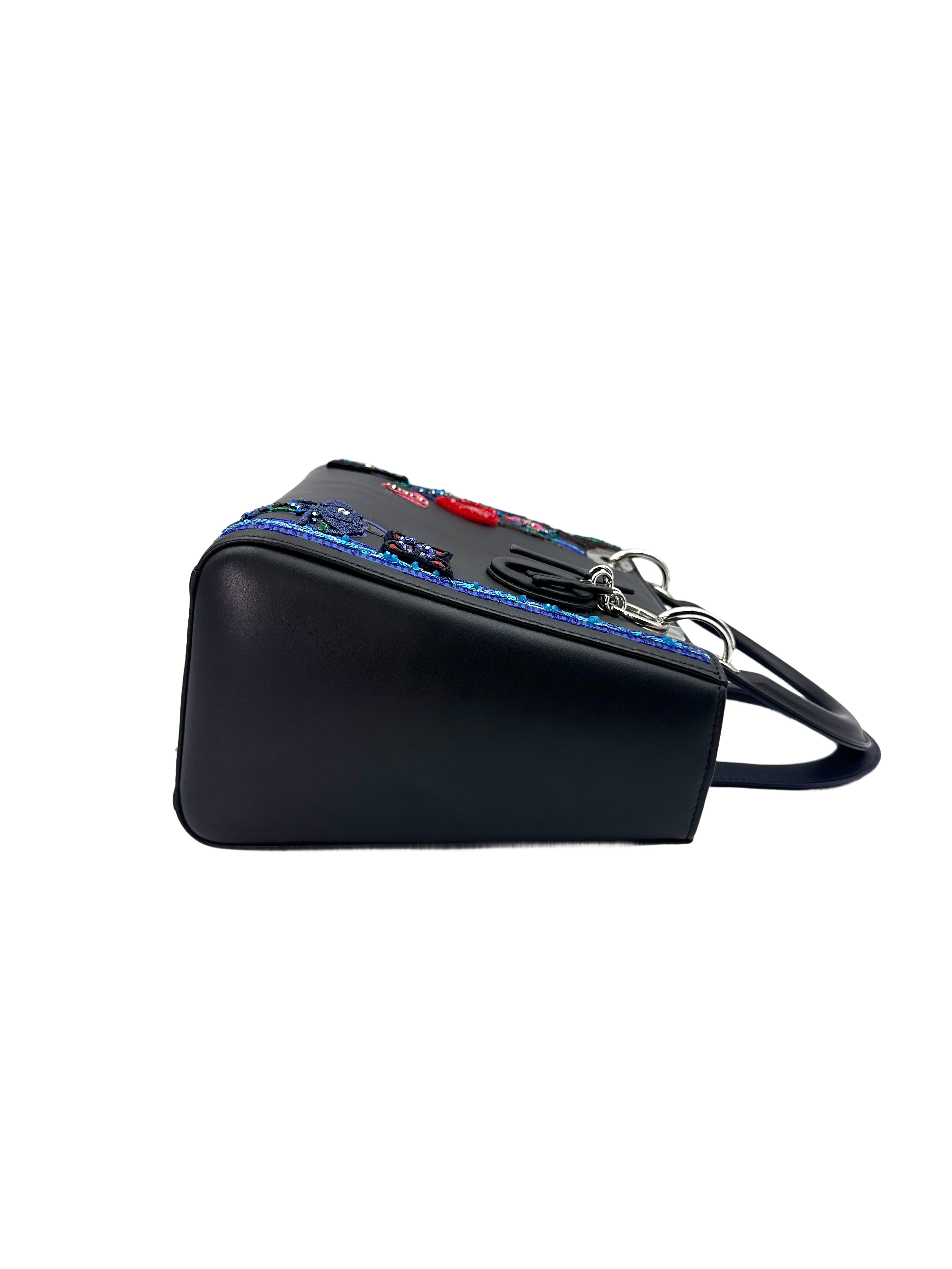 Christian Dior Lady Dior Black Heart Sequin Patch Embellished Handle Bag With Black Charms DR532