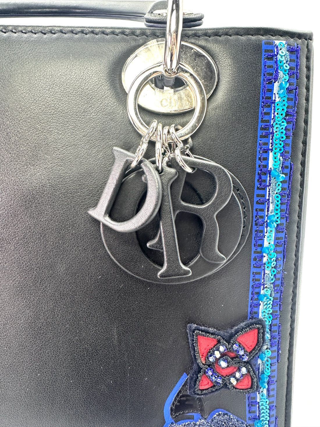 Christian Dior Lady Dior Black Heart Sequin Patch Embellished Handle Bag With Black Charms DR532