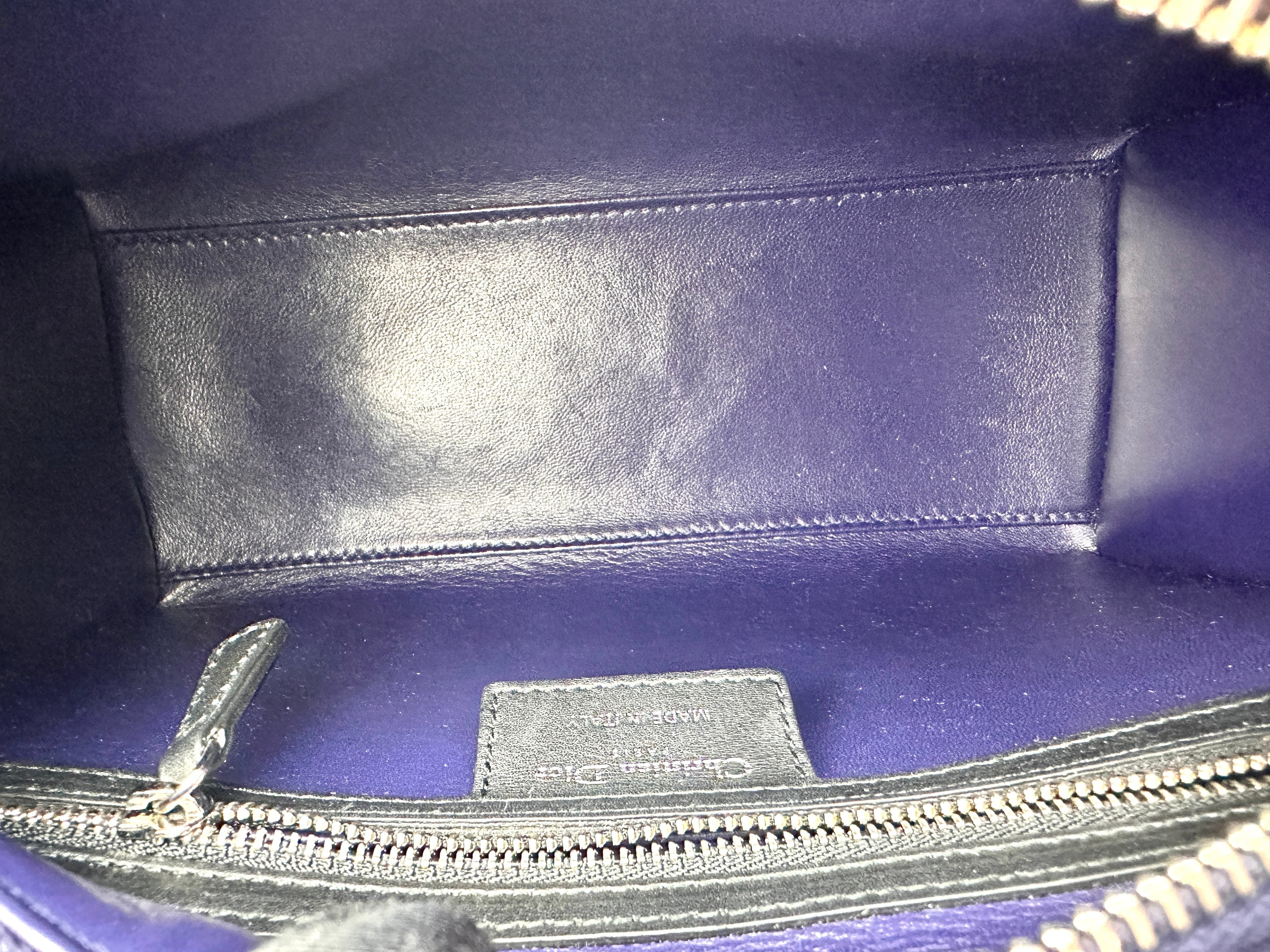 Christian Dior Lady Dior Black Heart Sequin Patch Embellished Handle Bag With Black Charms DR532