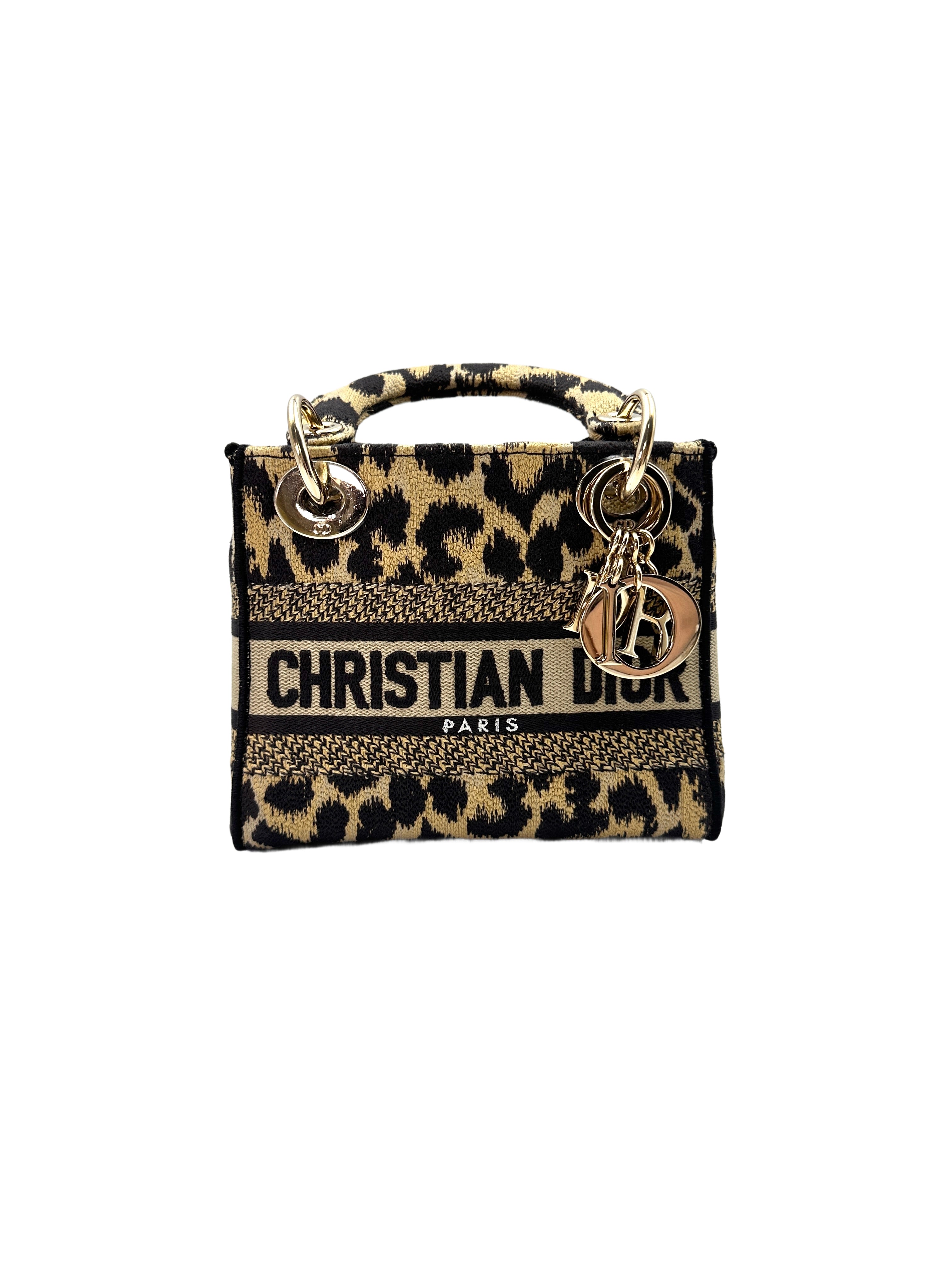 Christian Dior Lady Dior Mizza Leopard Embroidered Canvas Handle Bag With Gold Charms DR530