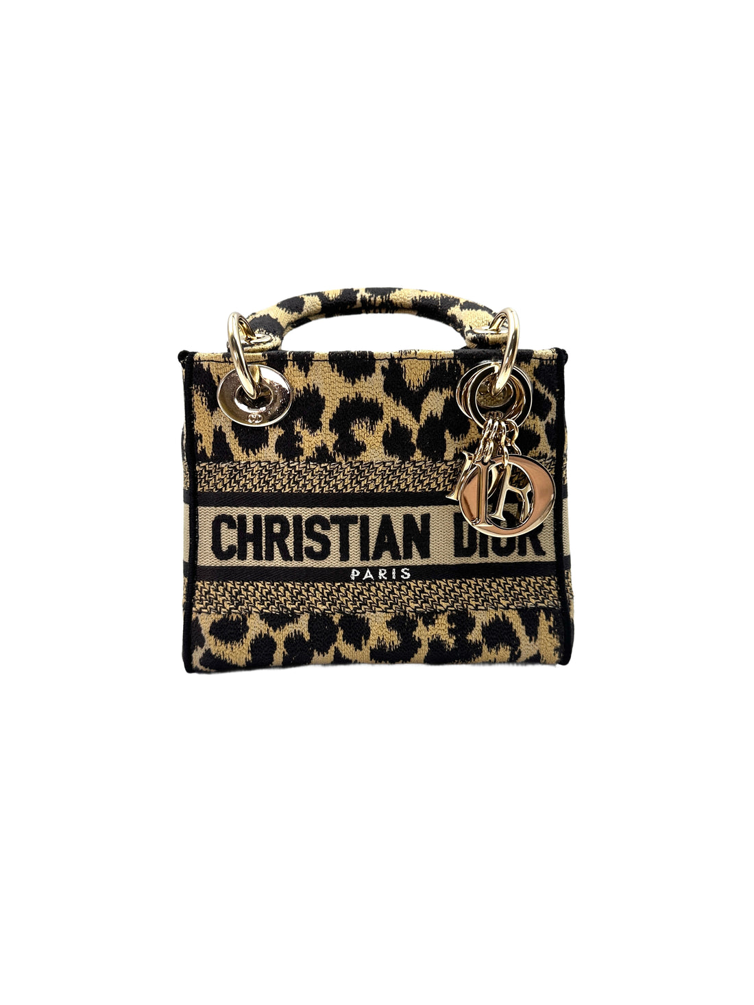 Christian Dior Lady Dior Mizza Leopard Embroidered Canvas Handle Bag With Gold Charms DR530