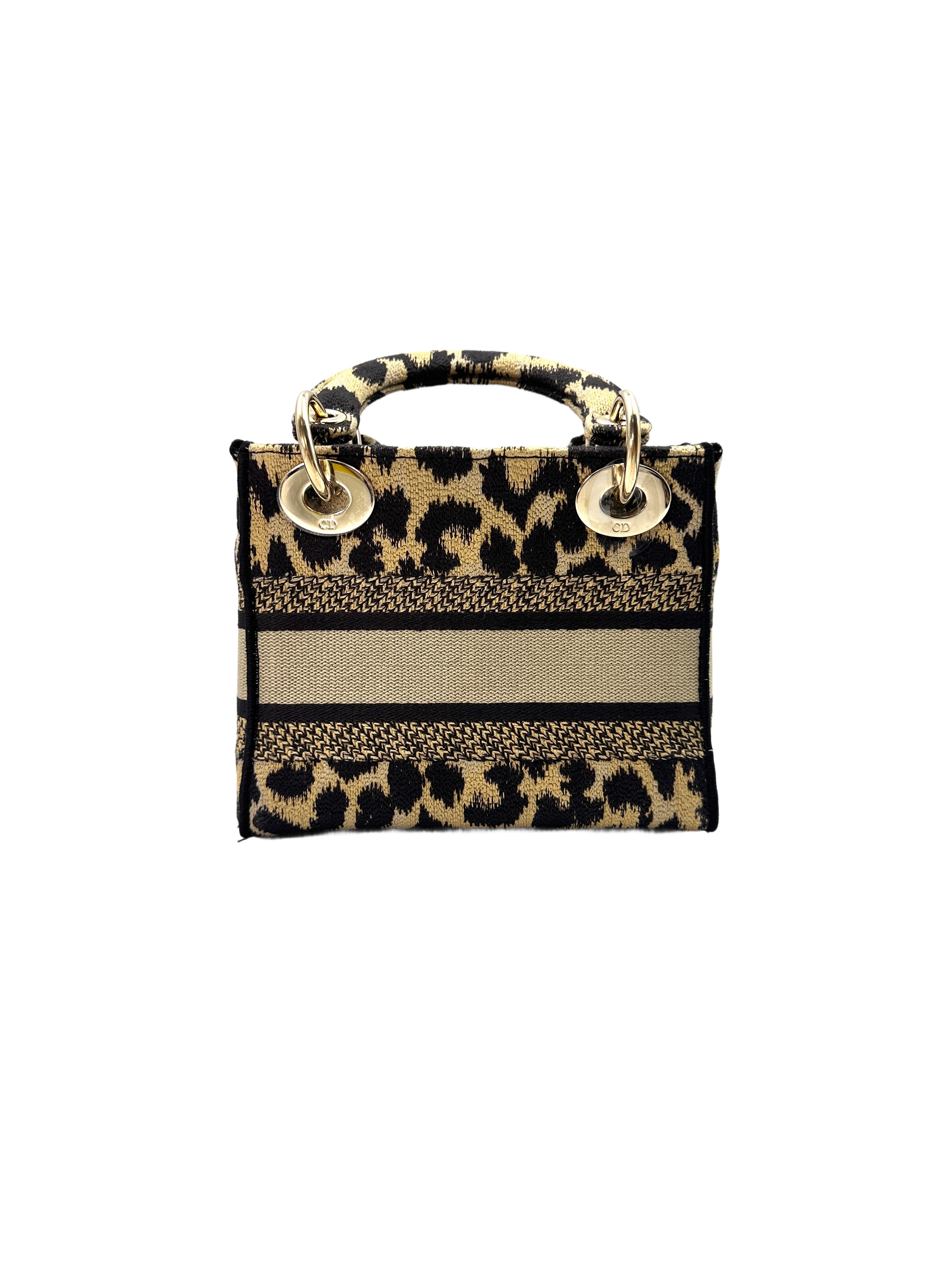 Christian Dior Lady Dior Mizza Leopard Embroidered Canvas Handle Bag With Gold Charms DR530