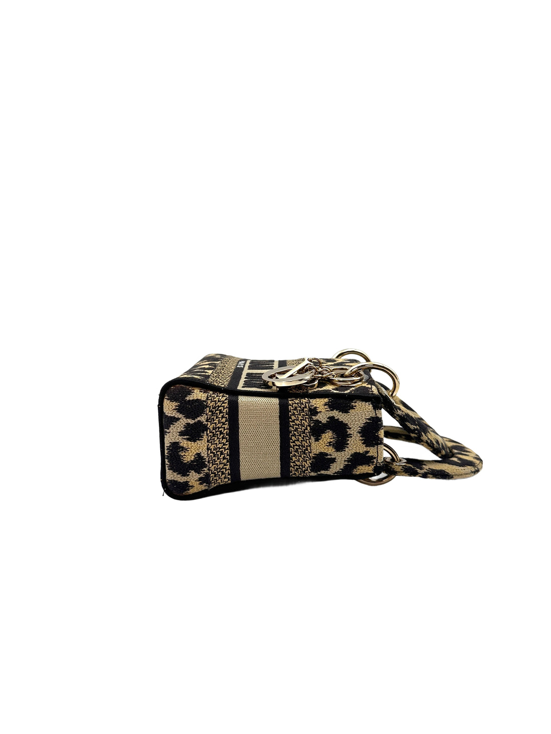Christian Dior Lady Dior Mizza Leopard Embroidered Canvas Handle Bag With Gold Charms DR530