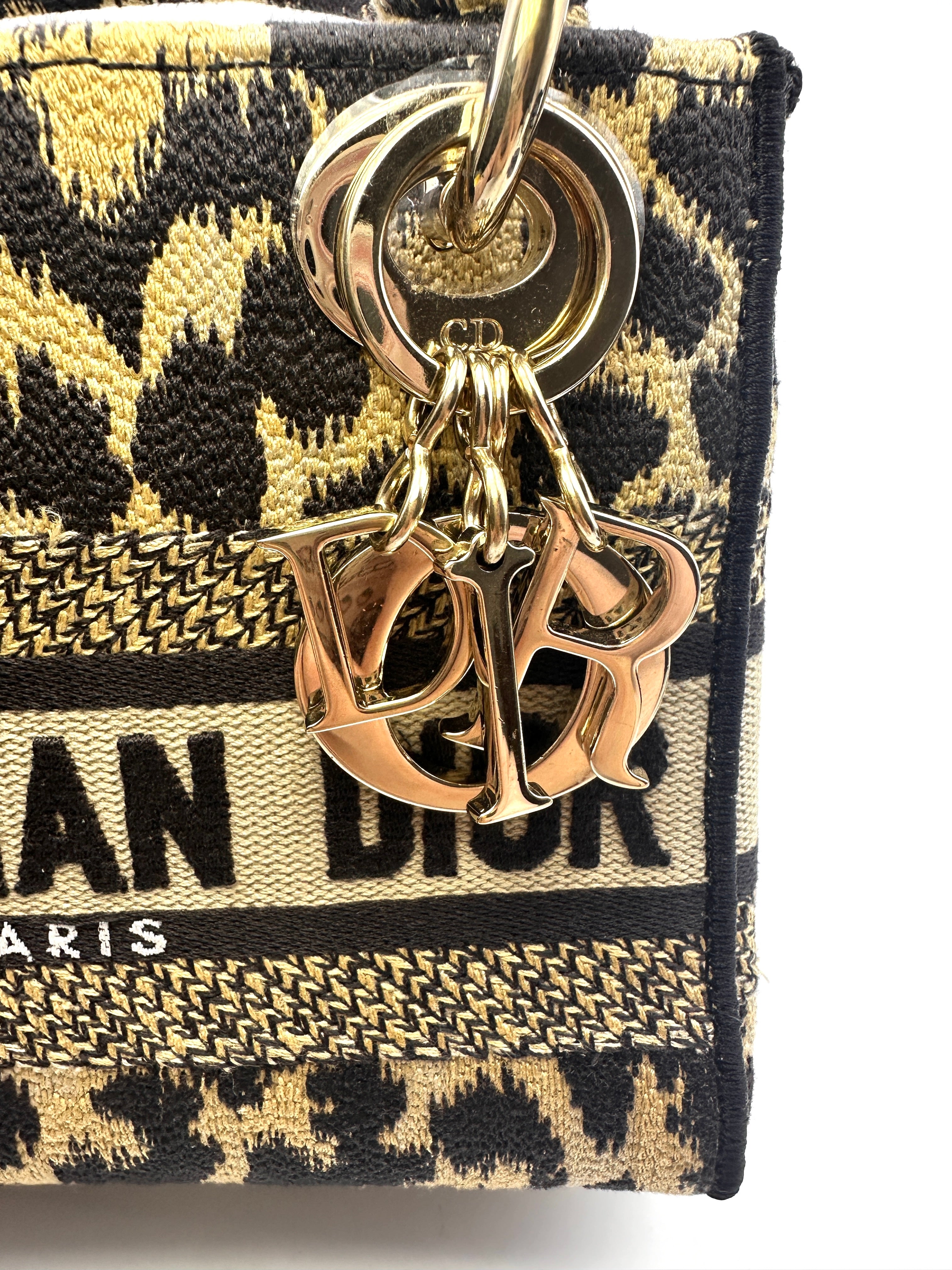 Christian Dior Lady Dior Mizza Leopard Embroidered Canvas Handle Bag With Gold Charms DR530