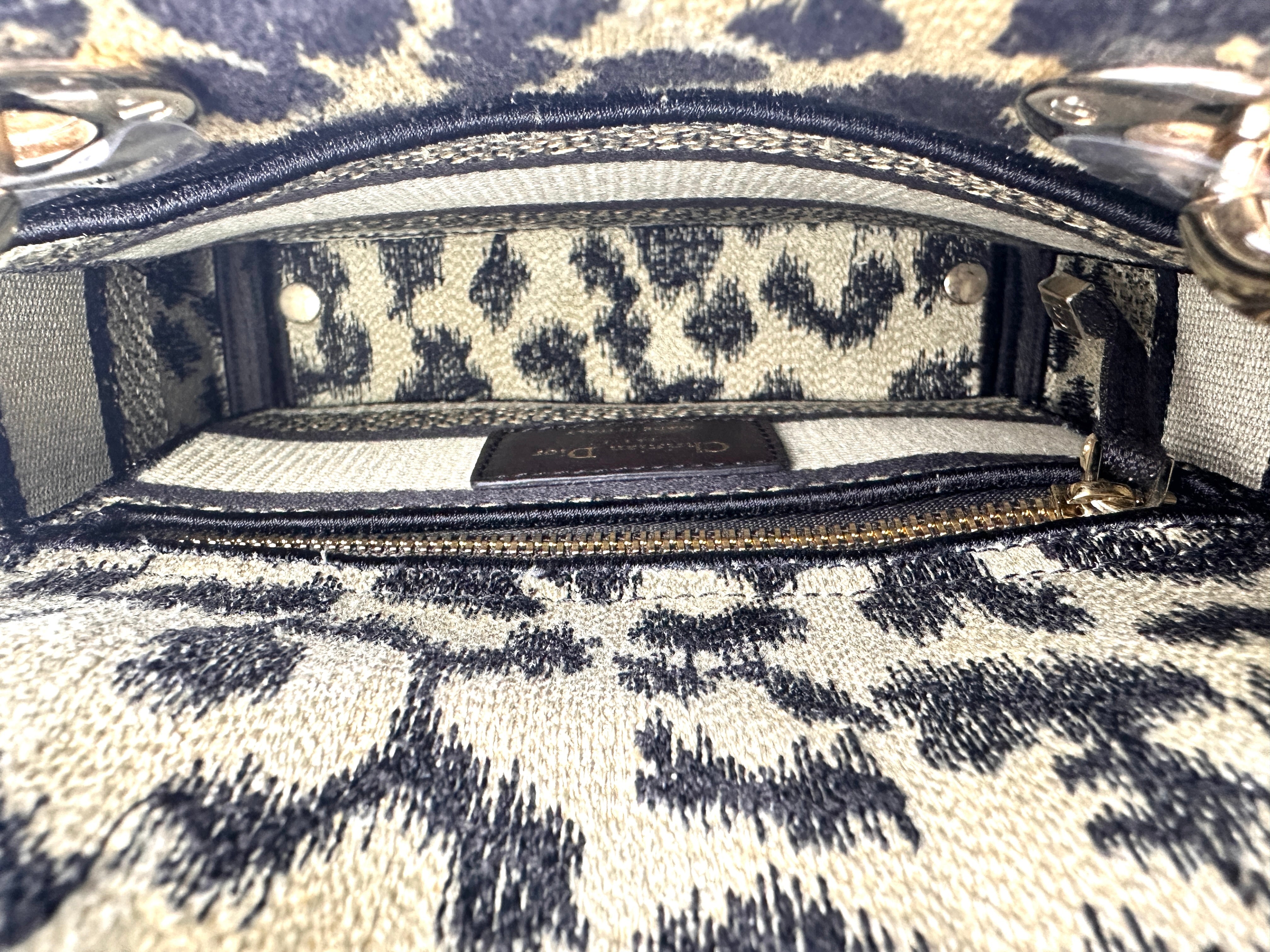 Christian Dior Lady Dior Mizza Leopard Embroidered Canvas Handle Bag With Gold Charms DR530