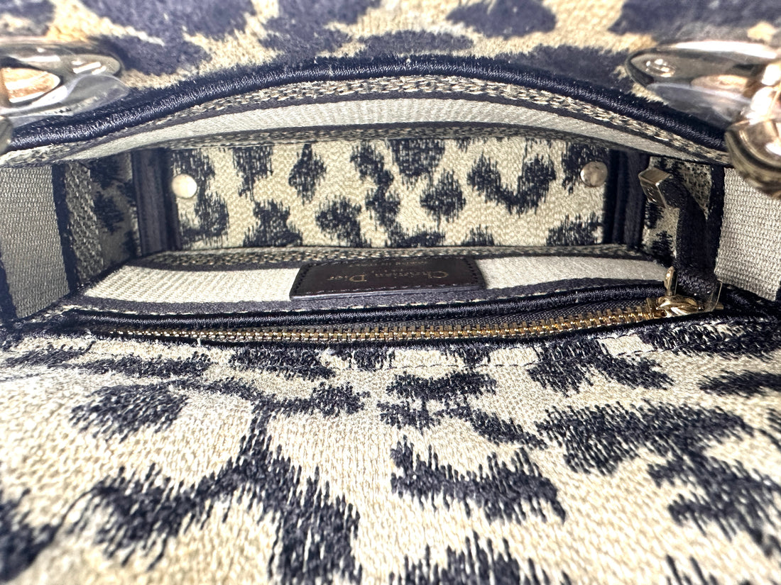 Christian Dior Lady Dior Mizza Leopard Embroidered Canvas Handle Bag With Gold Charms DR530