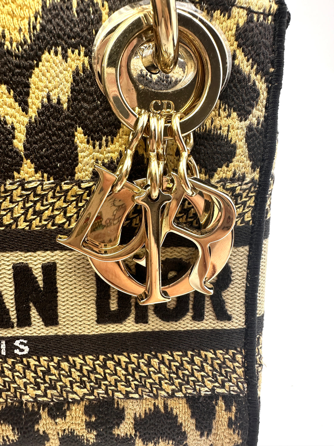 Christian Dior Lady Dior Mizza Leopard Embroidered Canvas Handle Bag With Gold Charms DR530
