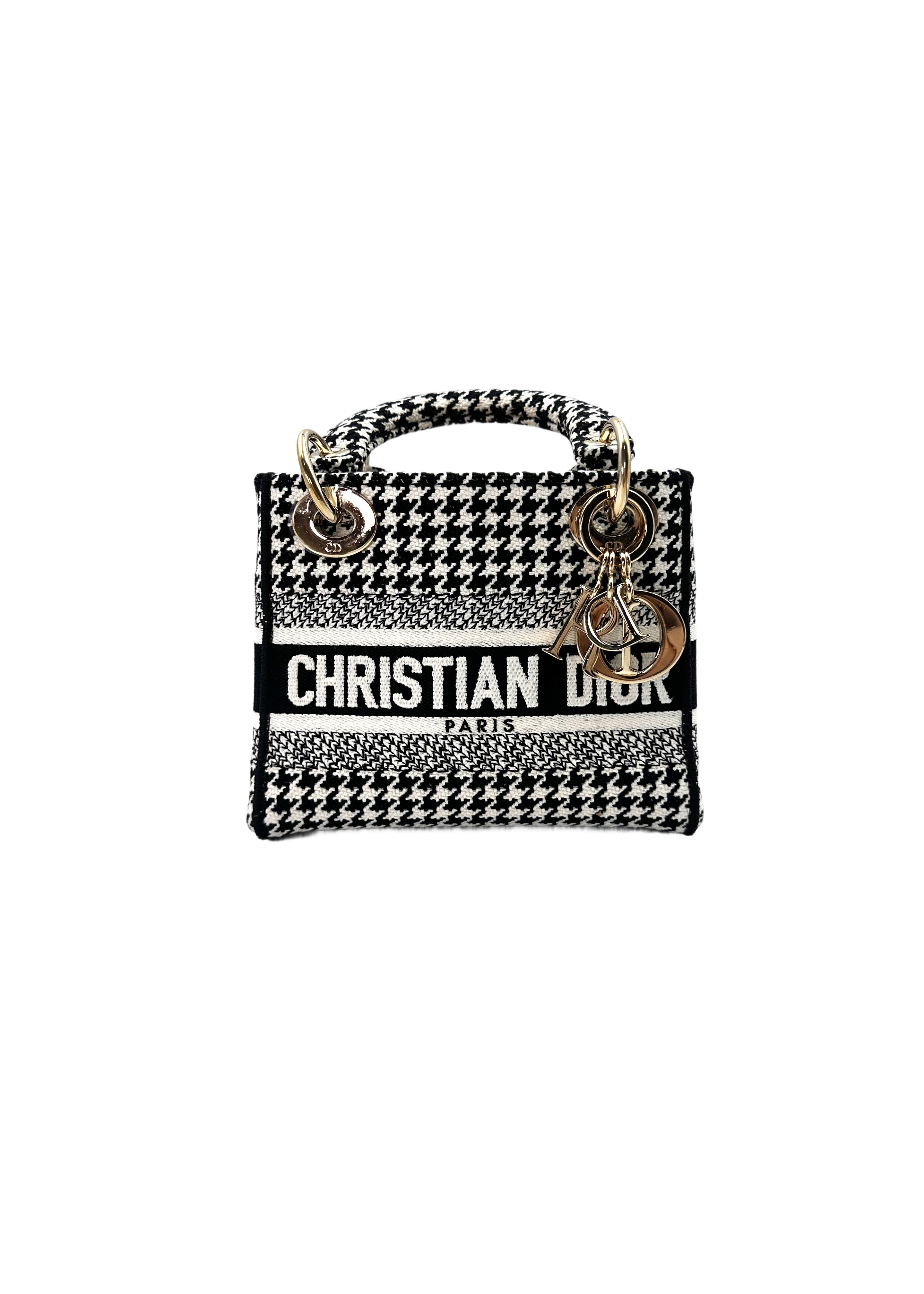 Christian Dior Lady Dior Black/White Houndstooth Embroidered Canvas Handle Bag With Gold Charms DR529