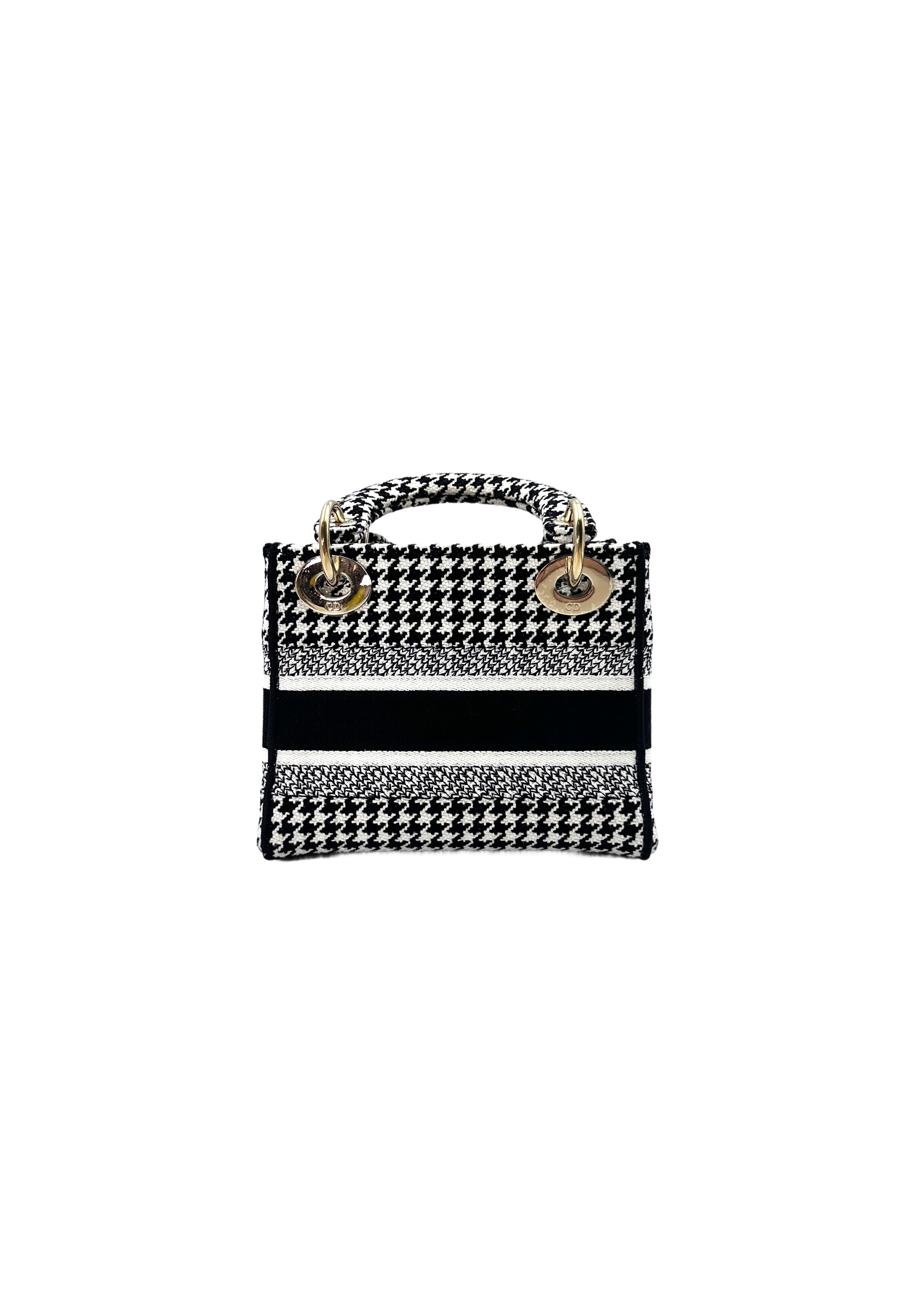 Christian Dior Lady Dior Black/White Houndstooth Embroidered Canvas Handle Bag With Gold Charms DR529