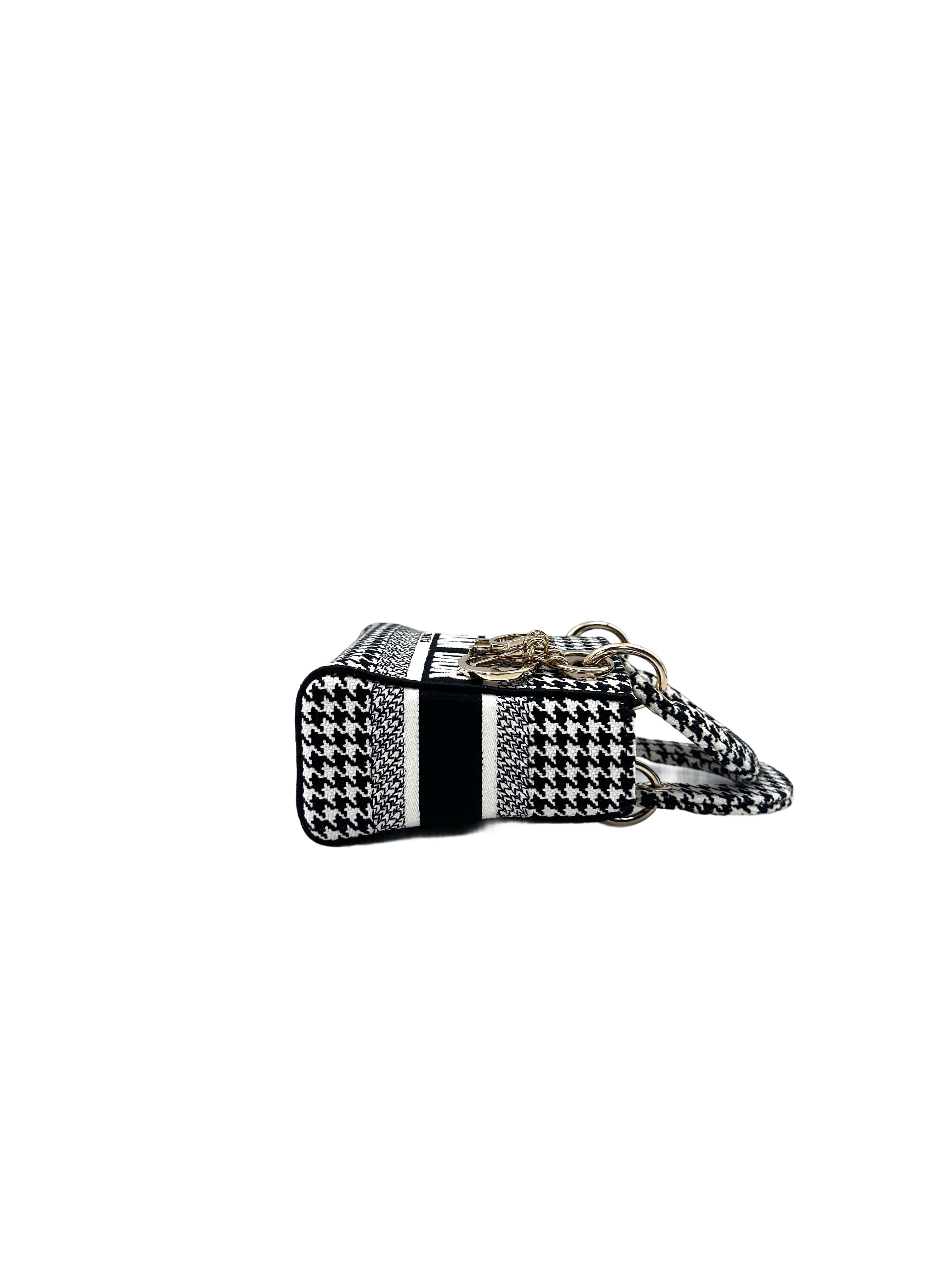 Christian Dior Lady Dior Black/White Houndstooth Embroidered Canvas Handle Bag With Gold Charms DR529