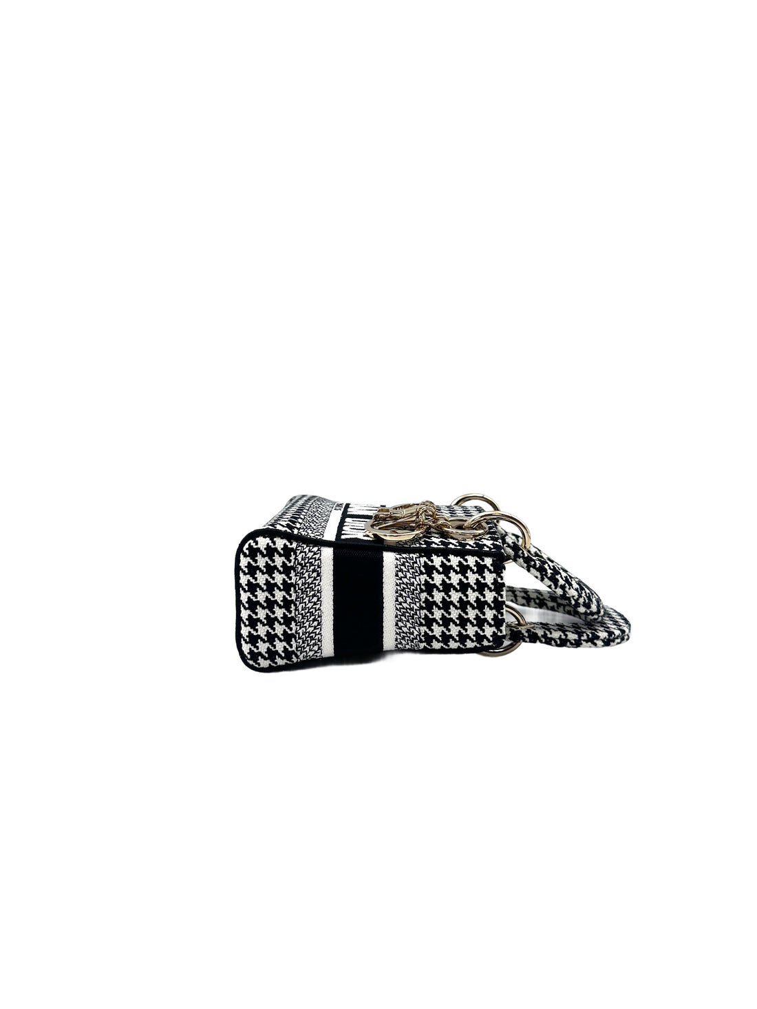 Christian Dior Lady Dior Black/White Houndstooth Embroidered Canvas Handle Bag With Gold Charms DR529