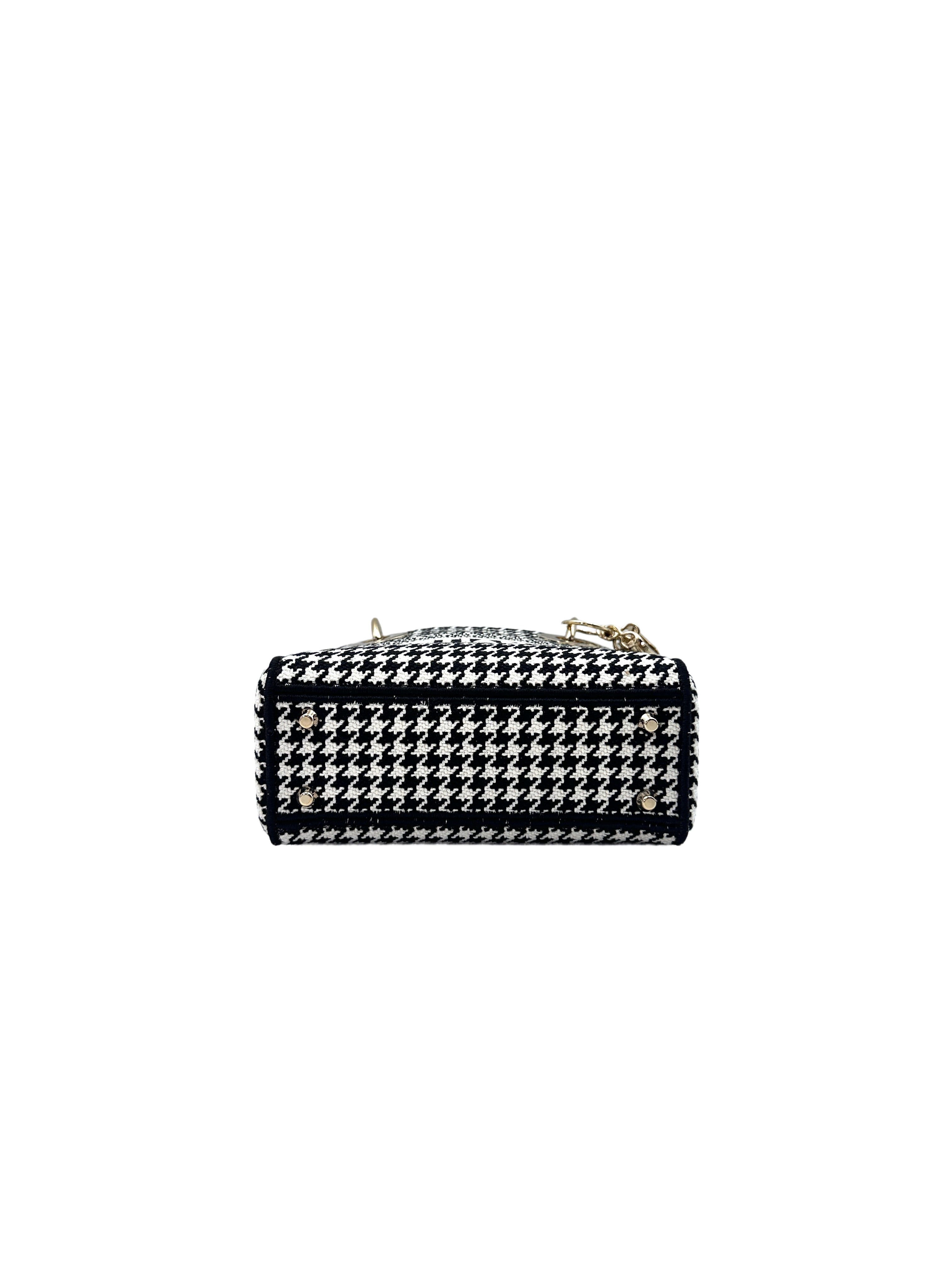 Christian Dior Lady Dior Black/White Houndstooth Embroidered Canvas Handle Bag With Gold Charms DR529