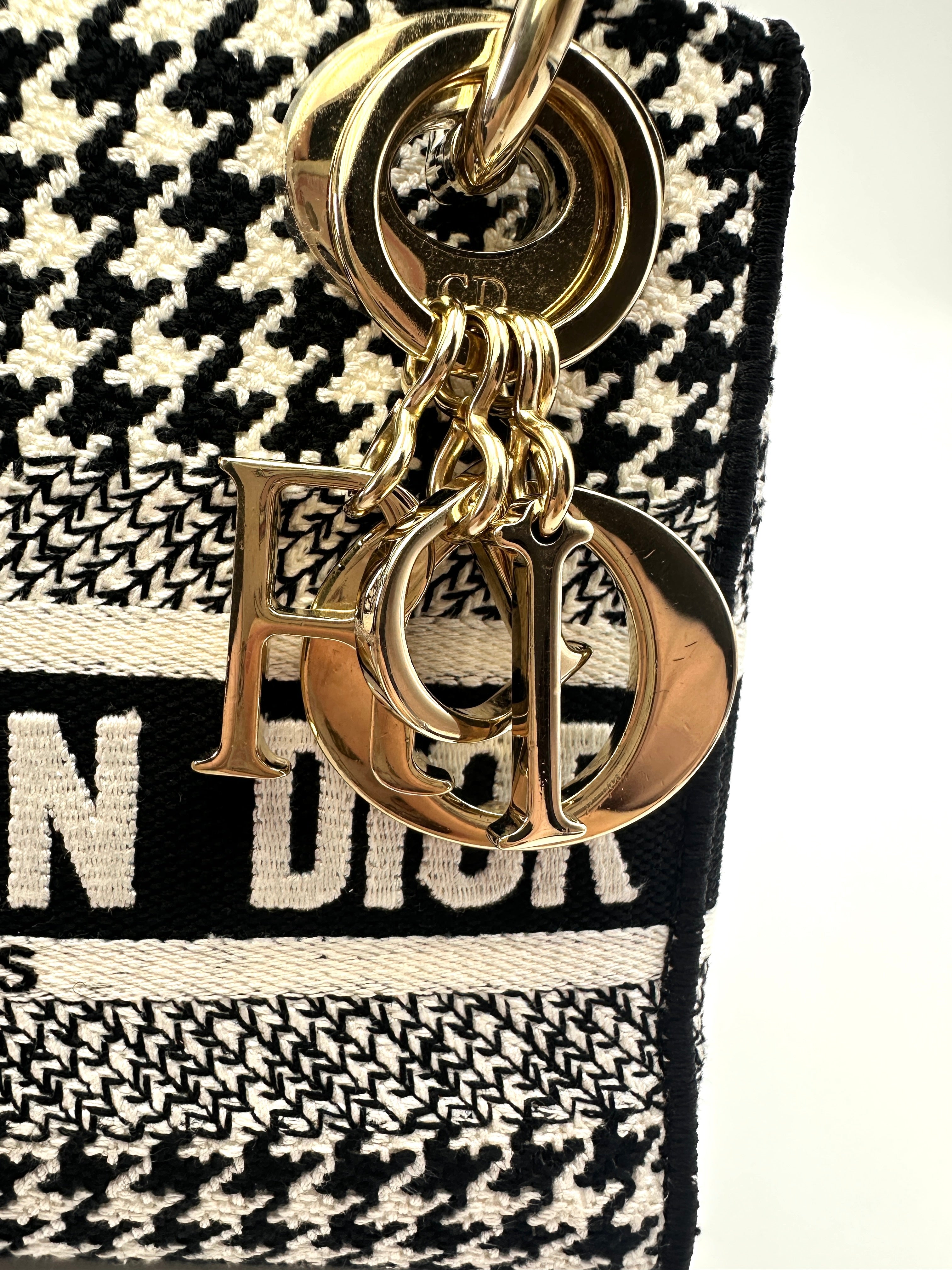 Christian Dior Lady Dior Black/White Houndstooth Embroidered Canvas Handle Bag With Gold Charms DR529