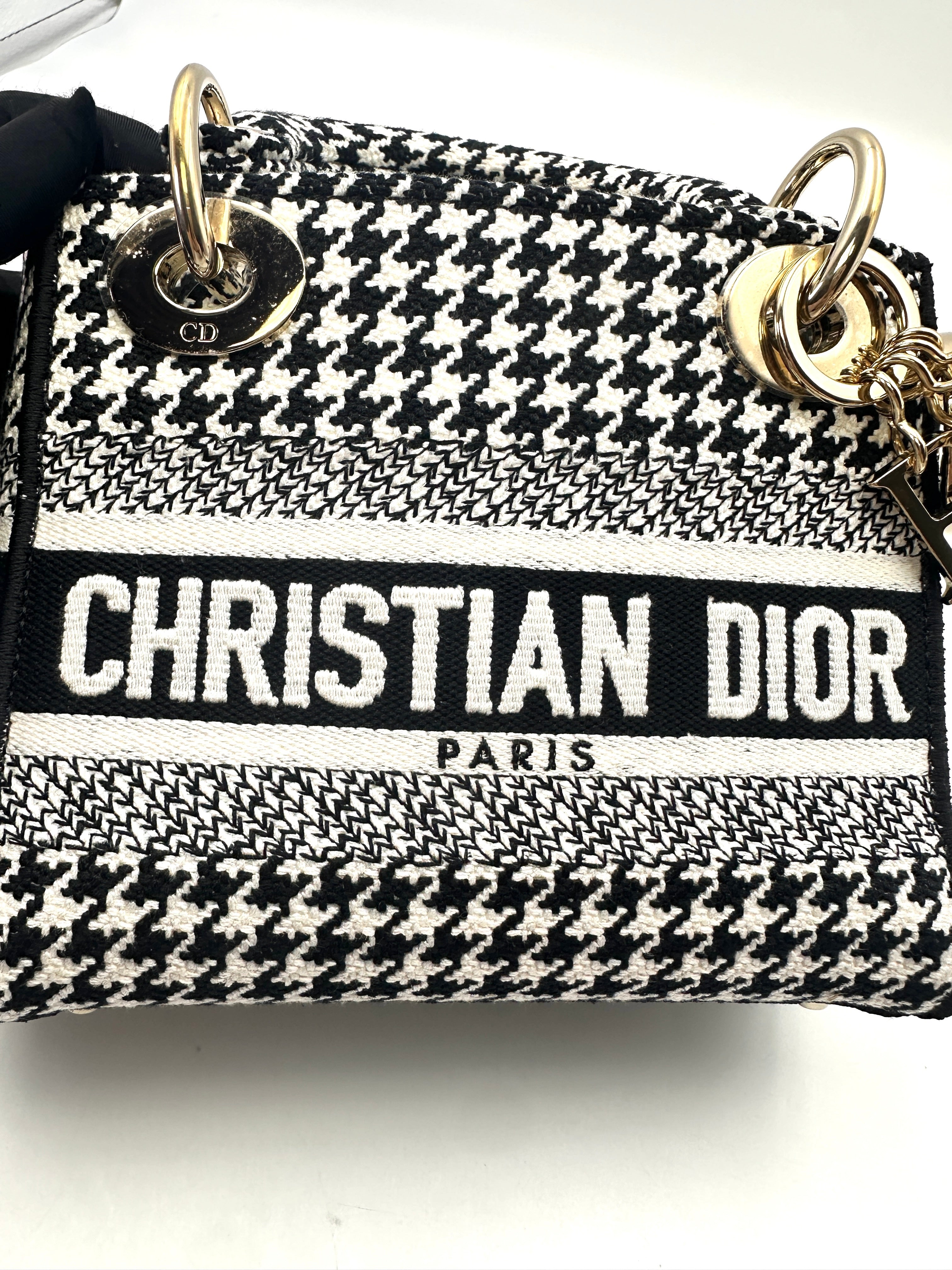 Christian Dior Lady Dior Black/White Houndstooth Embroidered Canvas Handle Bag With Gold Charms DR529