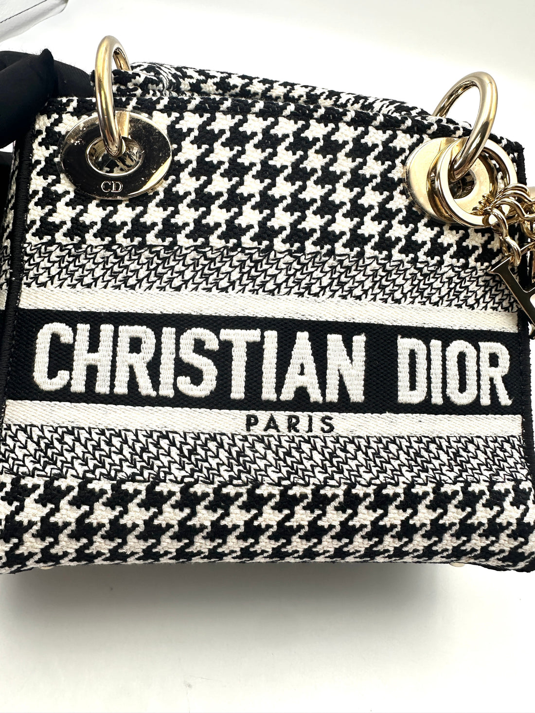 Christian Dior Lady Dior Black/White Houndstooth Embroidered Canvas Handle Bag With Gold Charms DR529