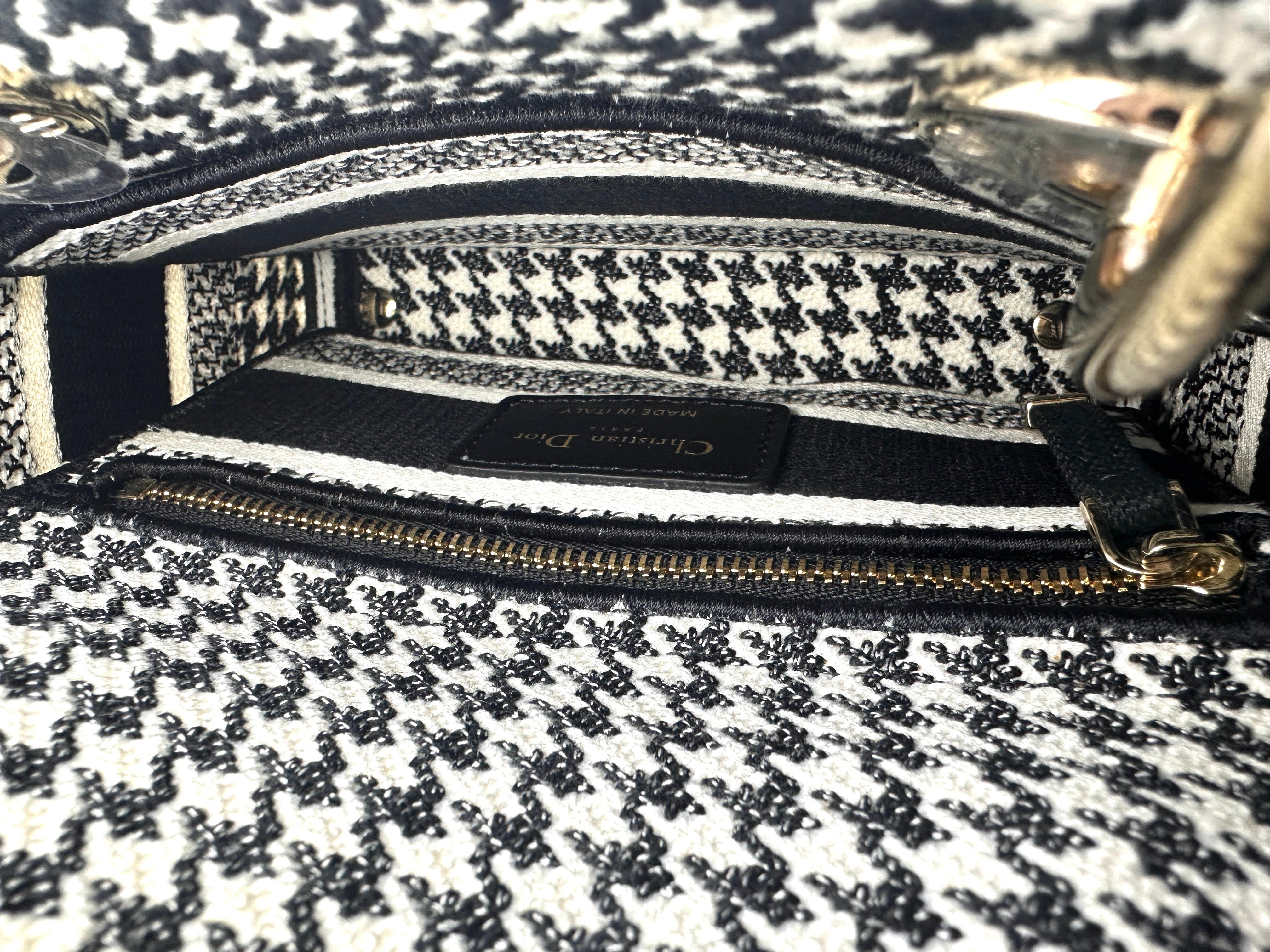 Christian Dior Lady Dior Black/White Houndstooth Embroidered Canvas Handle Bag With Gold Charms DR529