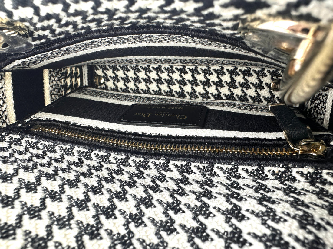Christian Dior Lady Dior Black/White Houndstooth Embroidered Canvas Handle Bag With Gold Charms DR529