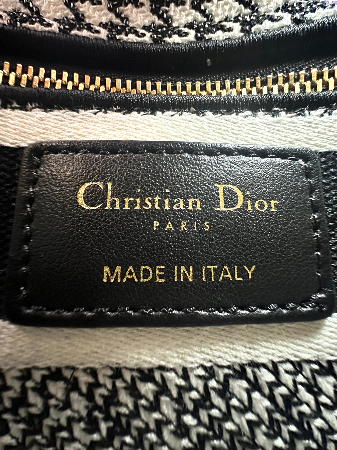 Christian Dior Lady Dior Black/White Houndstooth Embroidered Canvas Handle Bag With Gold Charms DR529