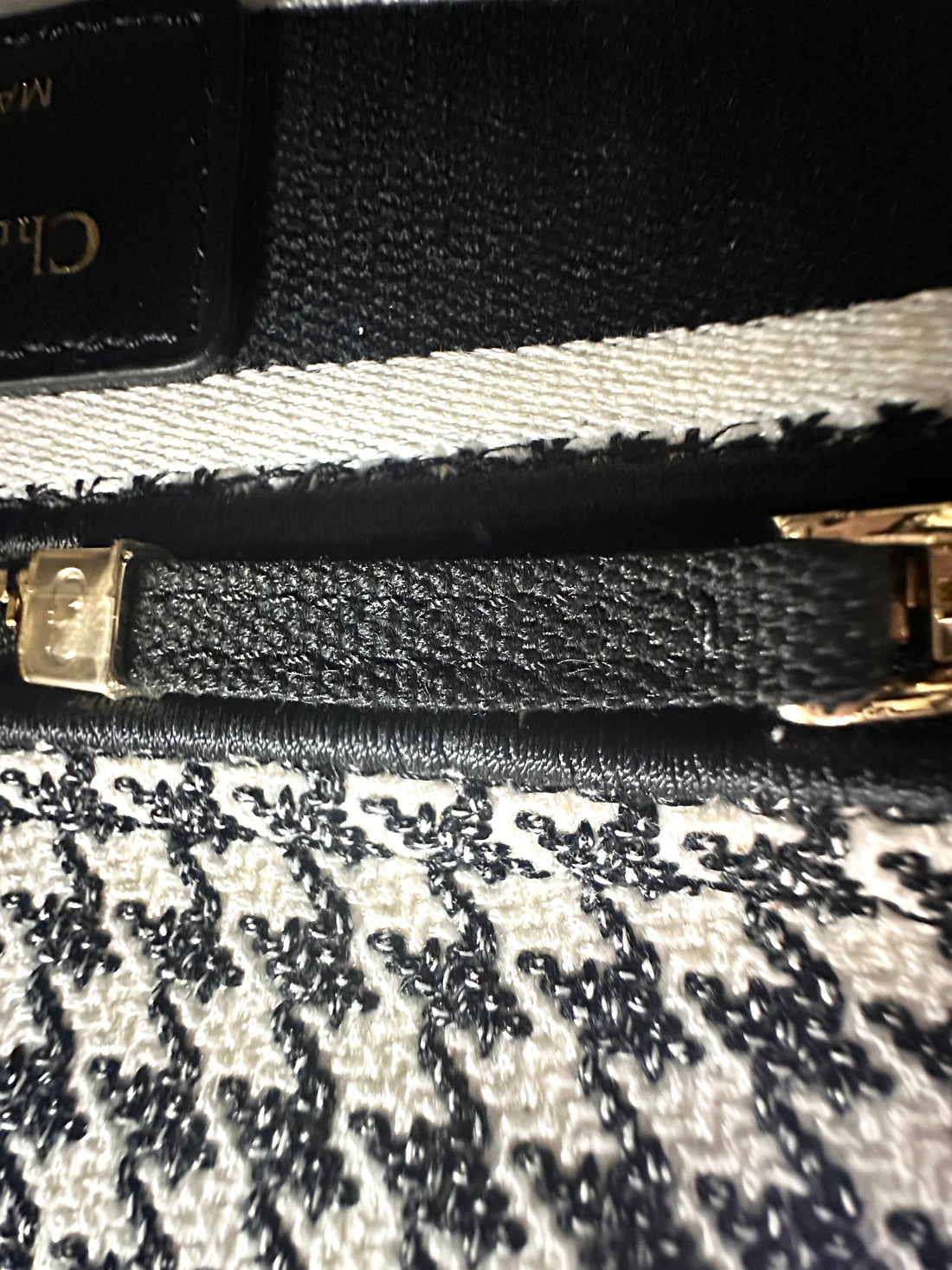Christian Dior Lady Dior Black/White Houndstooth Embroidered Canvas Handle Bag With Gold Charms DR529