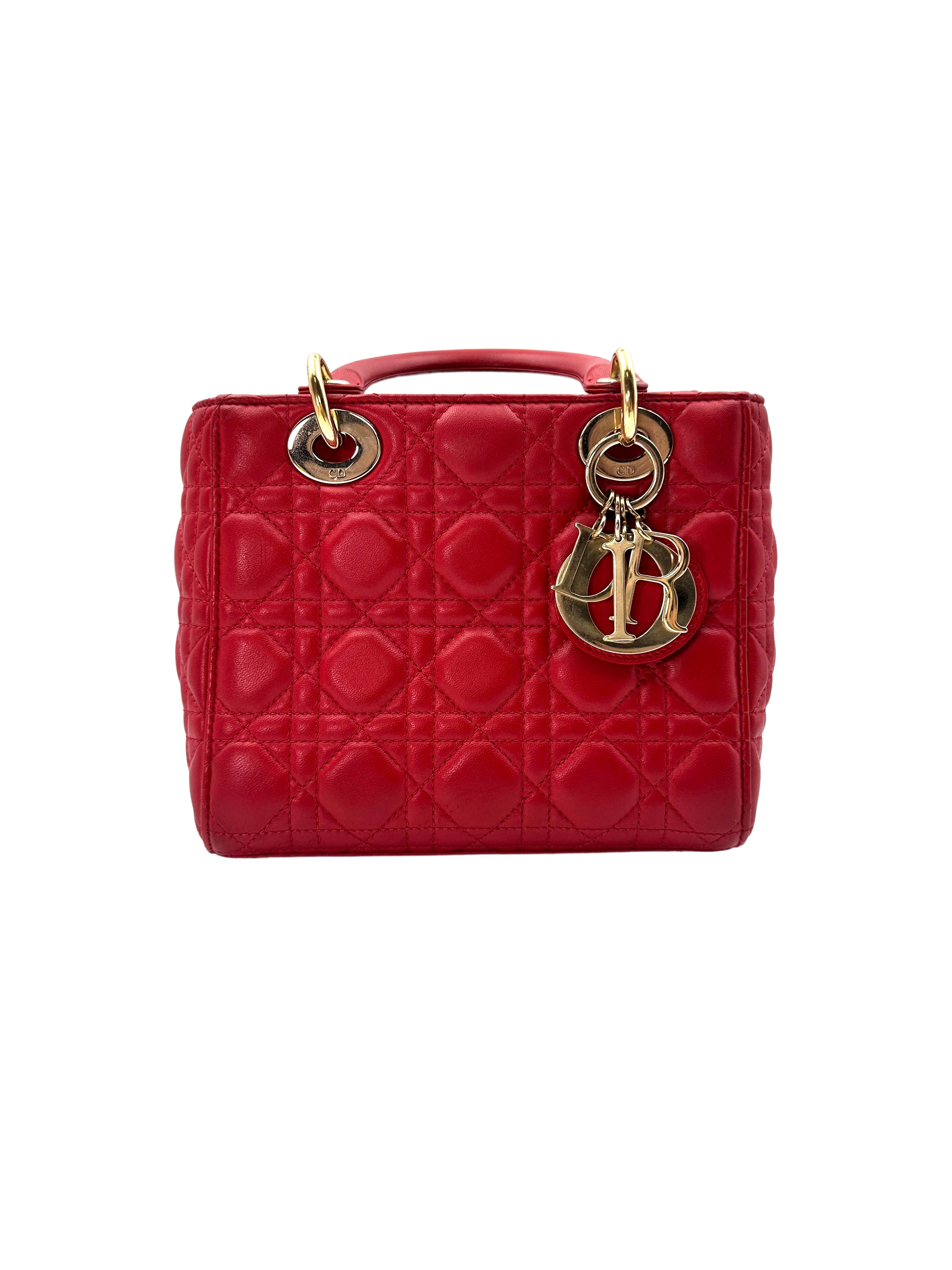 Christian Dior Lady Dior Red Cannage Lambskin Handle Bag With Gold Charms DR534
