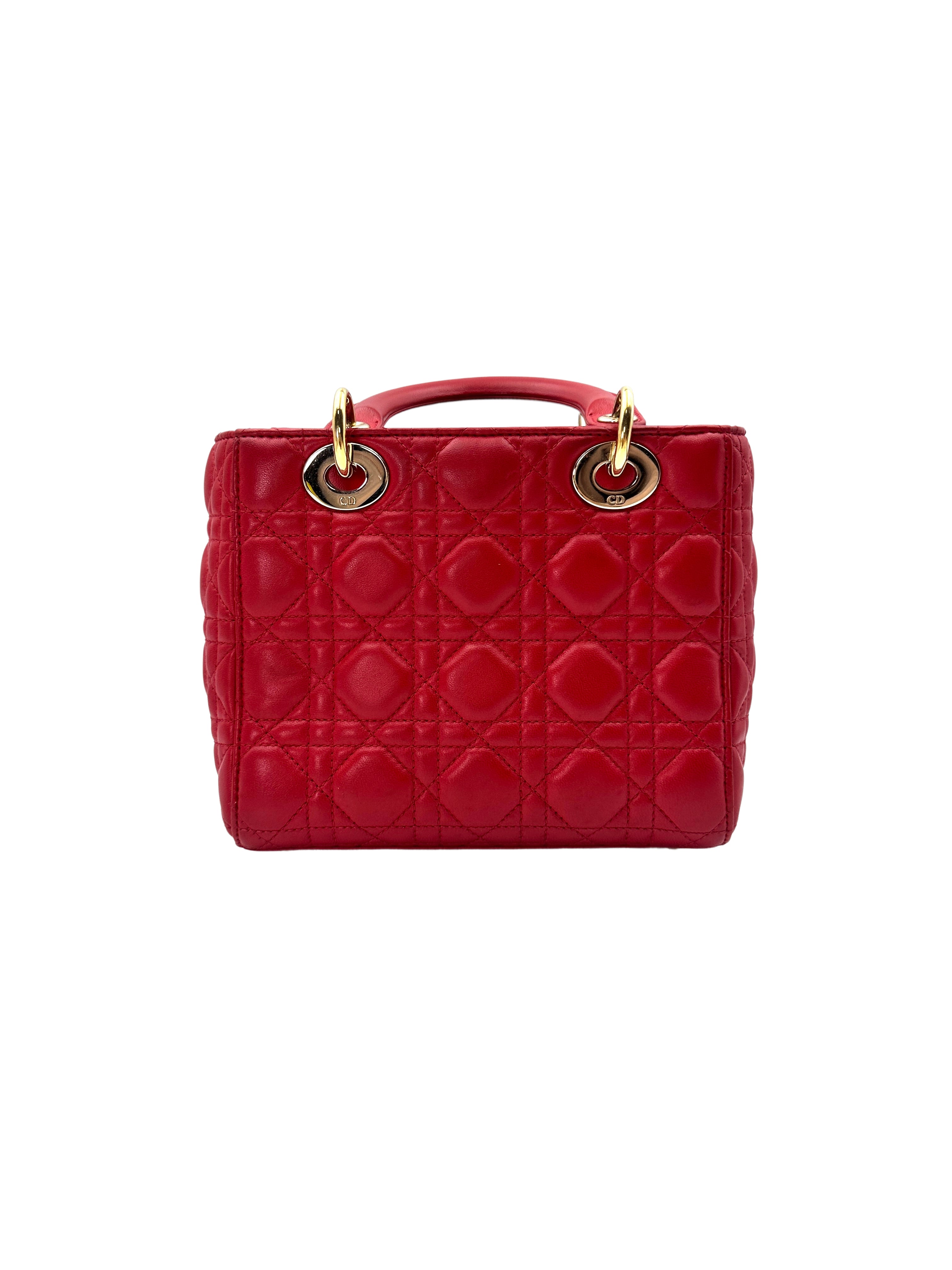 Christian Dior Lady Dior Red Cannage Lambskin Handle Bag With Gold Charms DR534