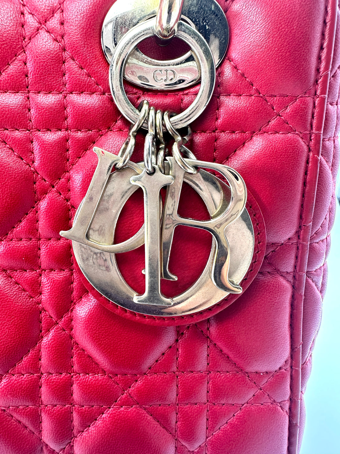 Christian Dior Lady Dior Red Cannage Lambskin Handle Bag With Gold Charms DR534