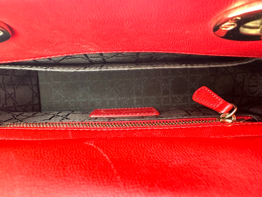 Christian Dior Lady Dior Red Cannage Lambskin Handle Bag With Gold Charms DR534