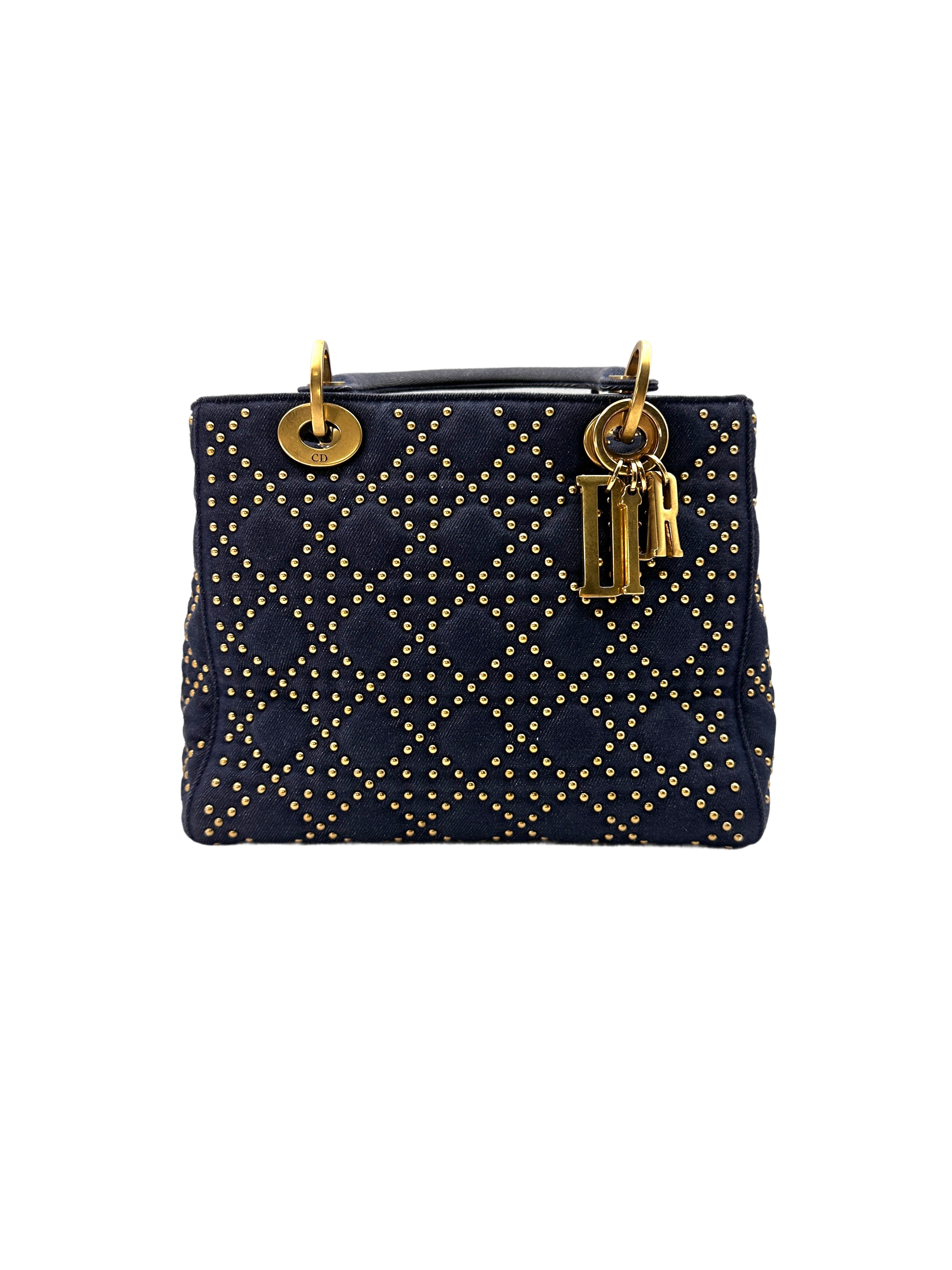 Christian Dior Lady Dior Blue Studded Cannage Denim Handle Bag With Gold Charms DR528