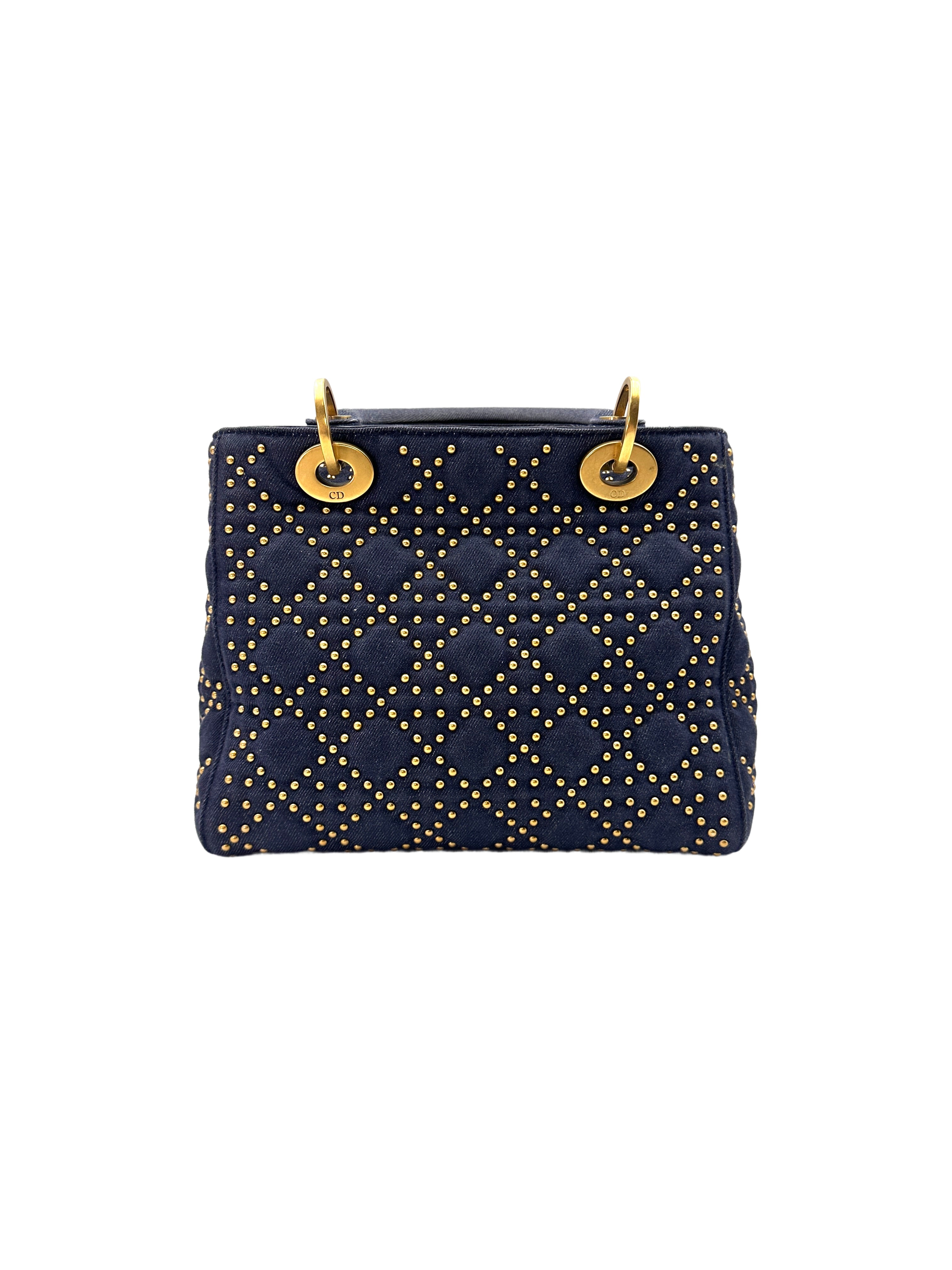 Christian Dior Lady Dior Blue Studded Cannage Denim Handle Bag With Gold Charms DR528