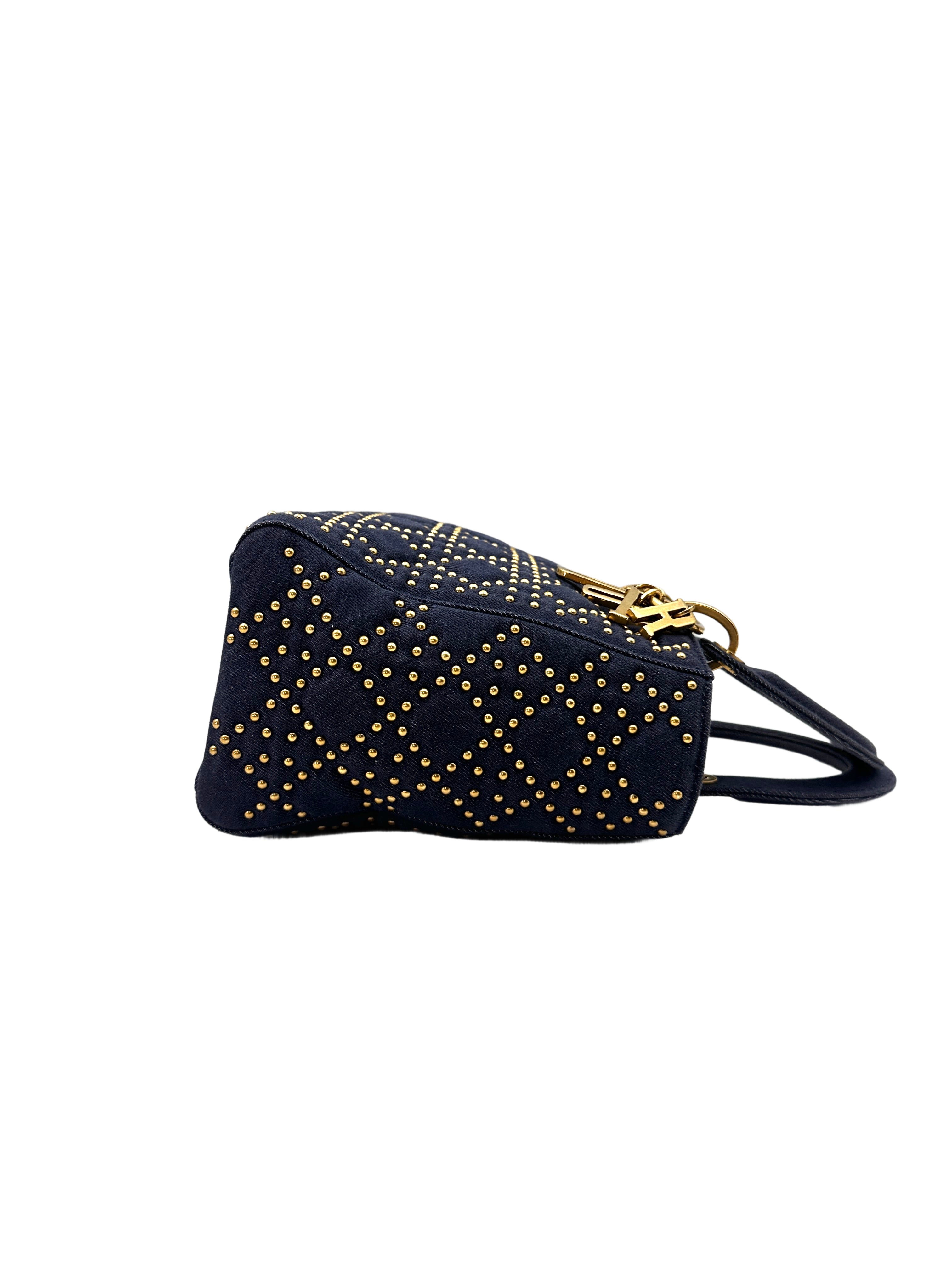 Christian Dior Lady Dior Blue Studded Cannage Denim Handle Bag With Gold Charms DR528