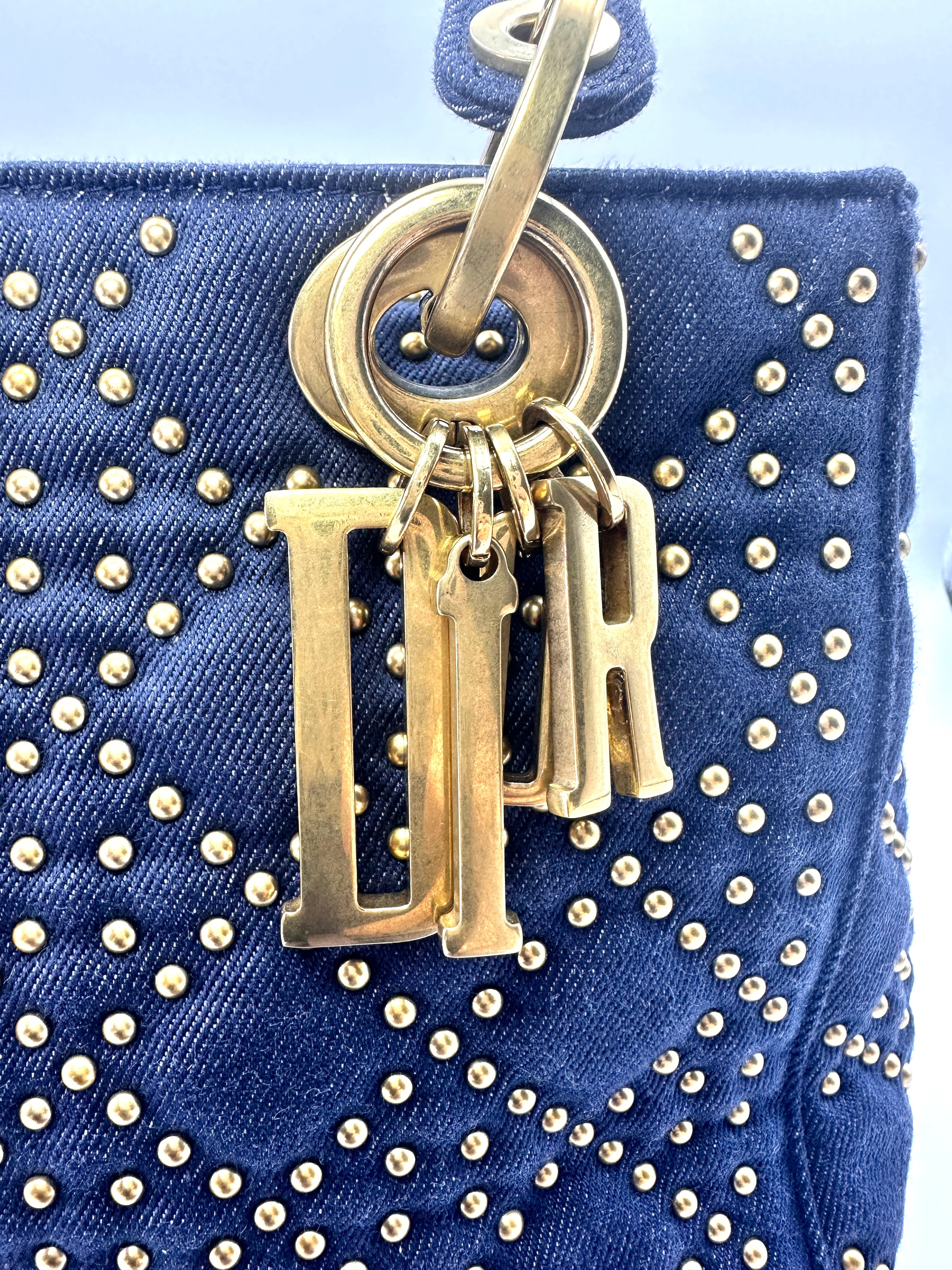 Christian Dior Lady Dior Blue Studded Cannage Denim Handle Bag With Gold Charms DR528