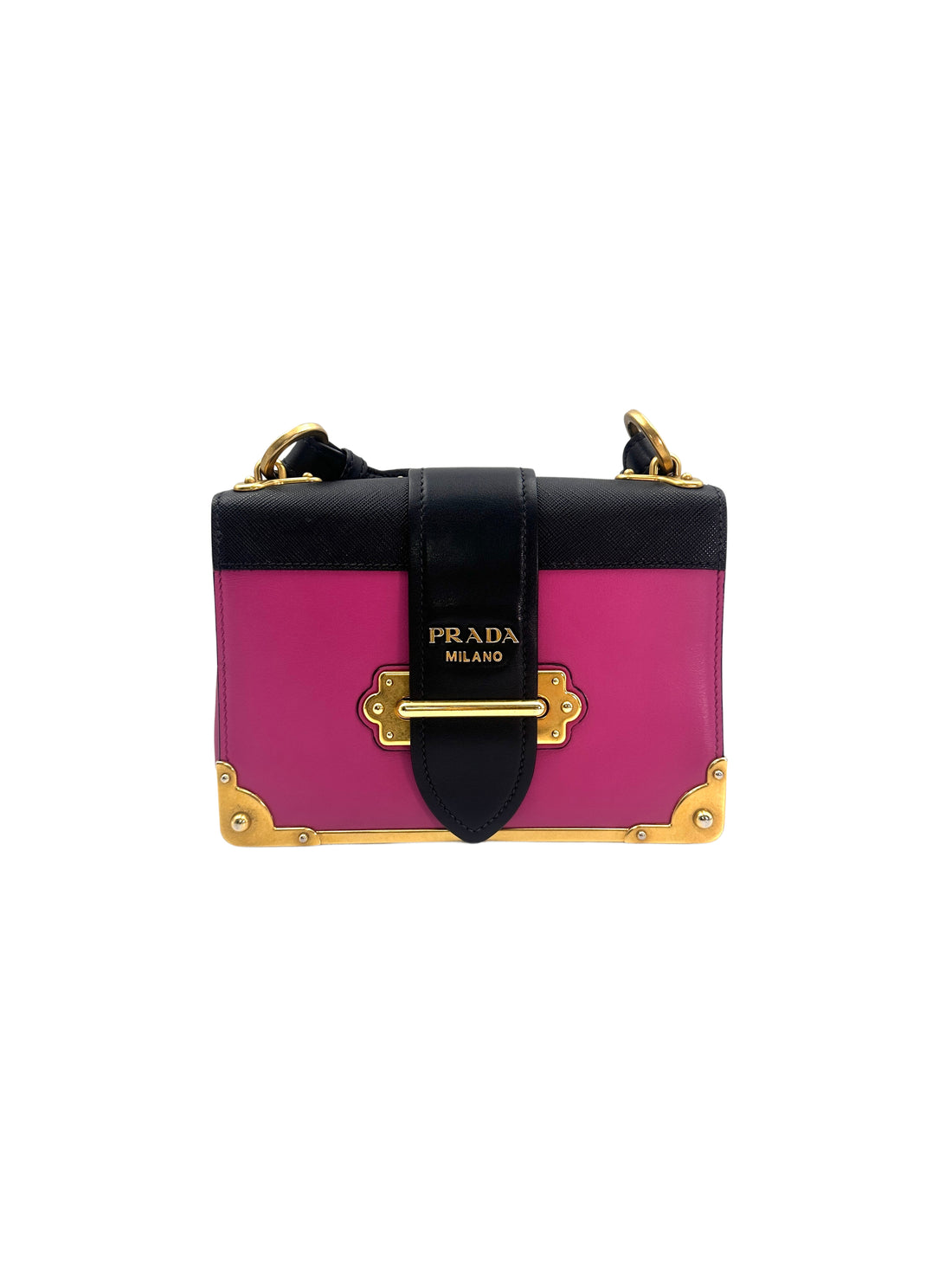 Prada Cahier Pink/Black Saffiano Leather Shoulder Bag With Gold Hardware PR198