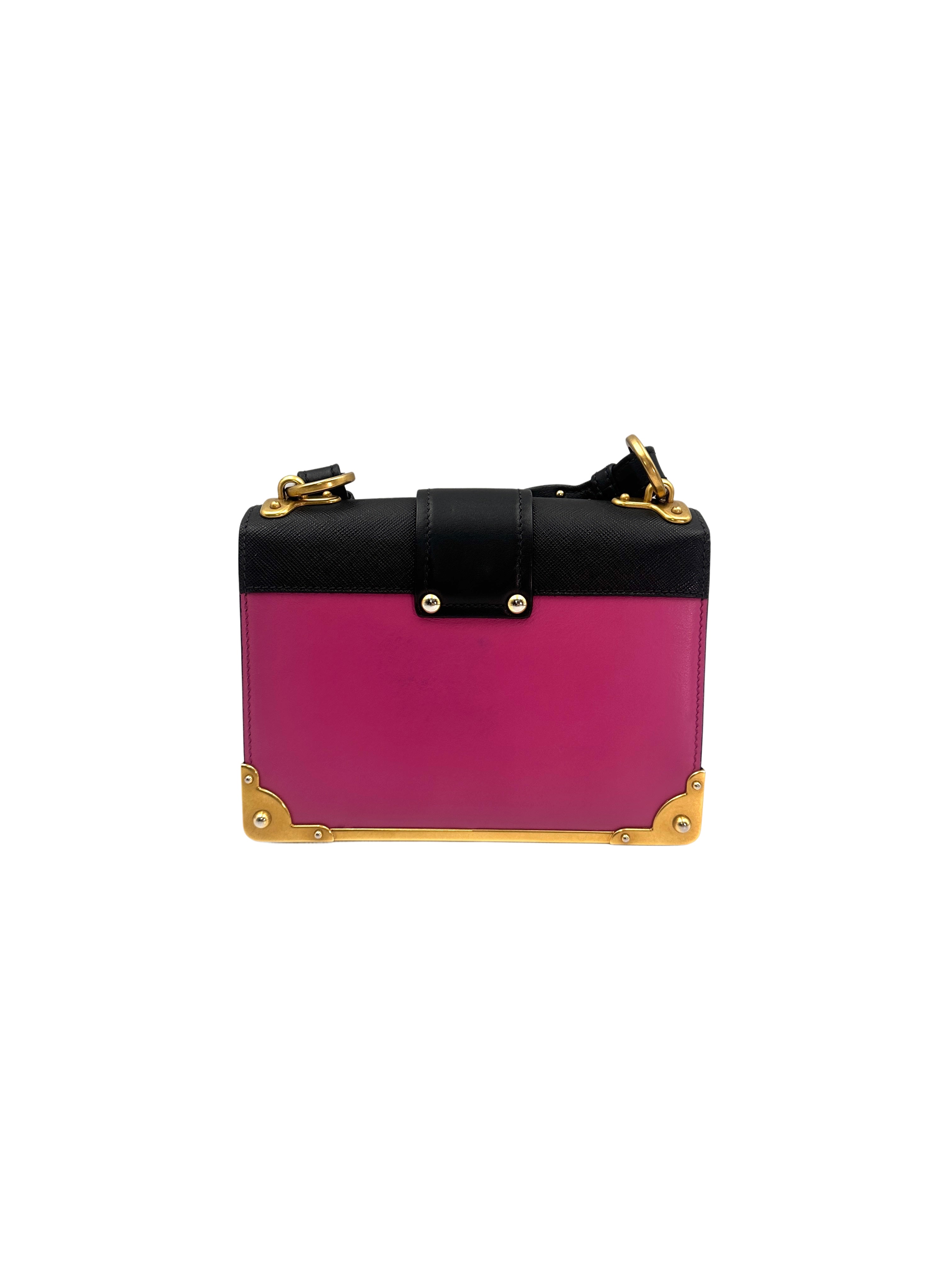 Prada Cahier Pink/Black Saffiano Leather Shoulder Bag With Gold Hardware PR198