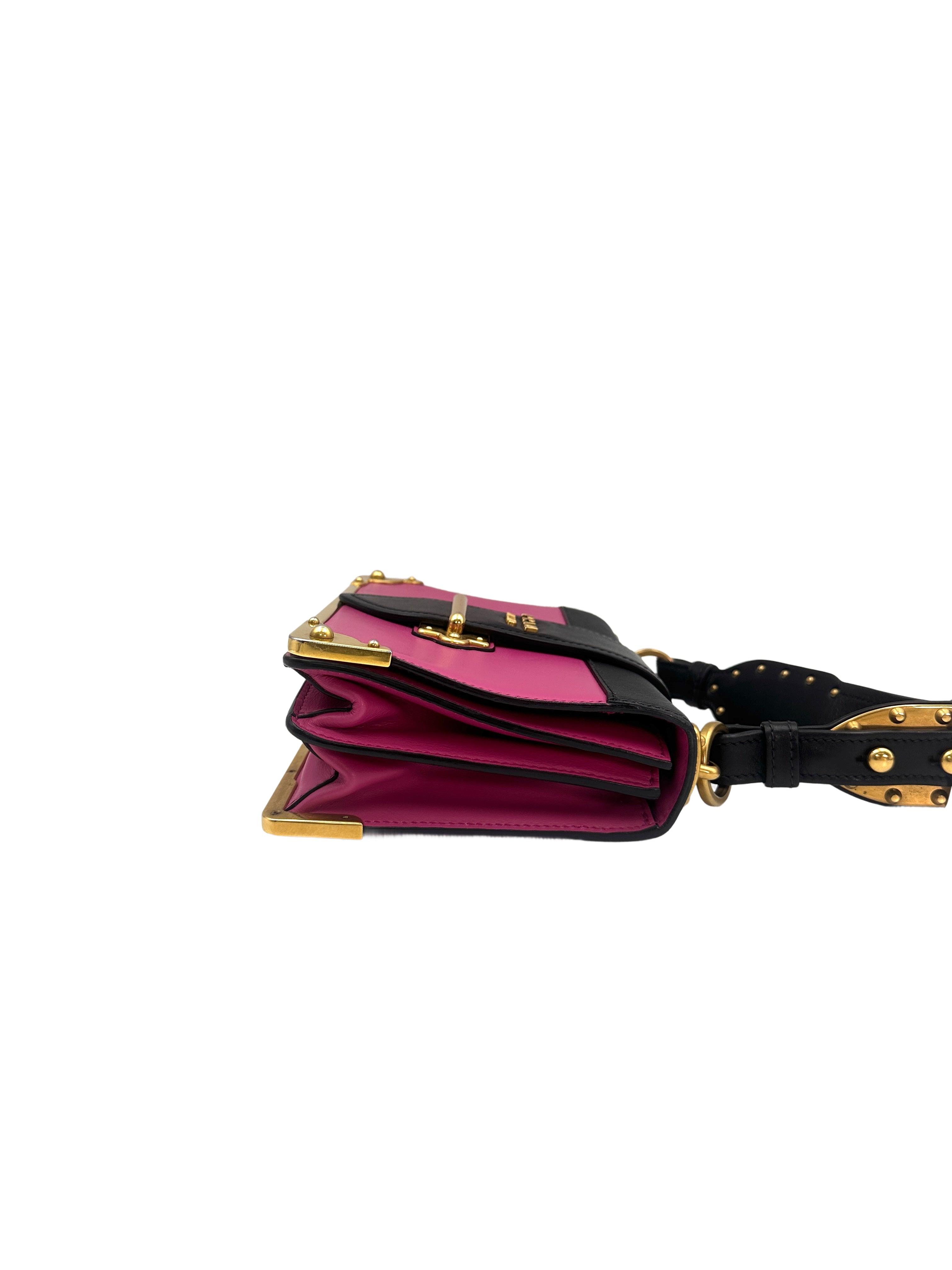 Prada Cahier Pink/Black Saffiano Leather Shoulder Bag With Gold Hardware PR198