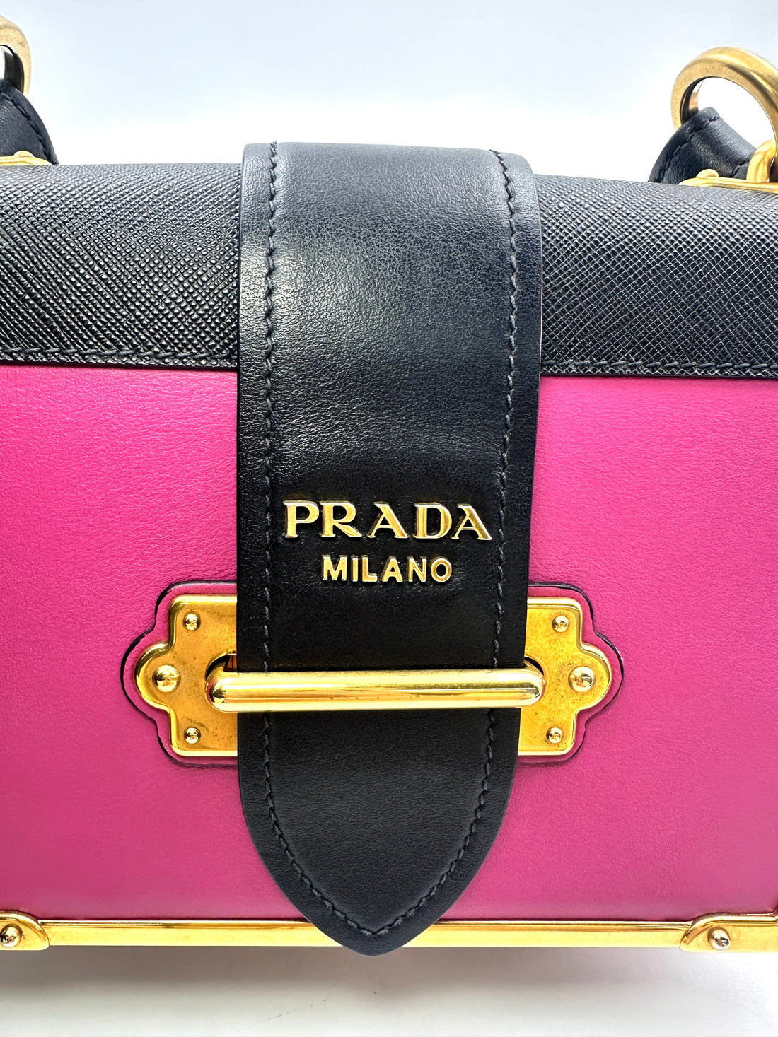 Prada Cahier Pink/Black Saffiano Leather Shoulder Bag With Gold Hardware PR198