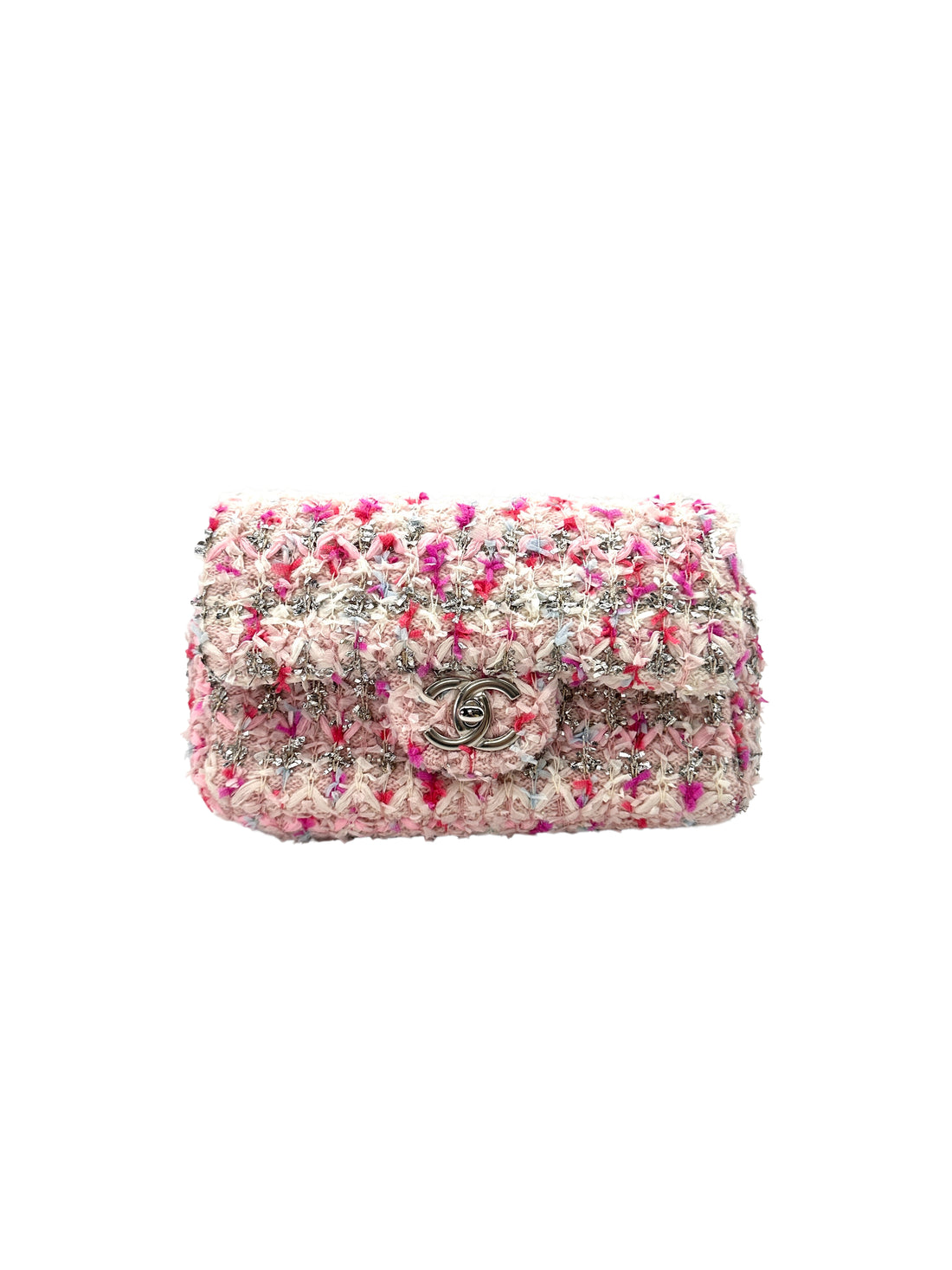 Chanel 18S Classic Flap Pink/Silver Ribbon Knit Tweed Shoulder Bag(25***55) IRIS050