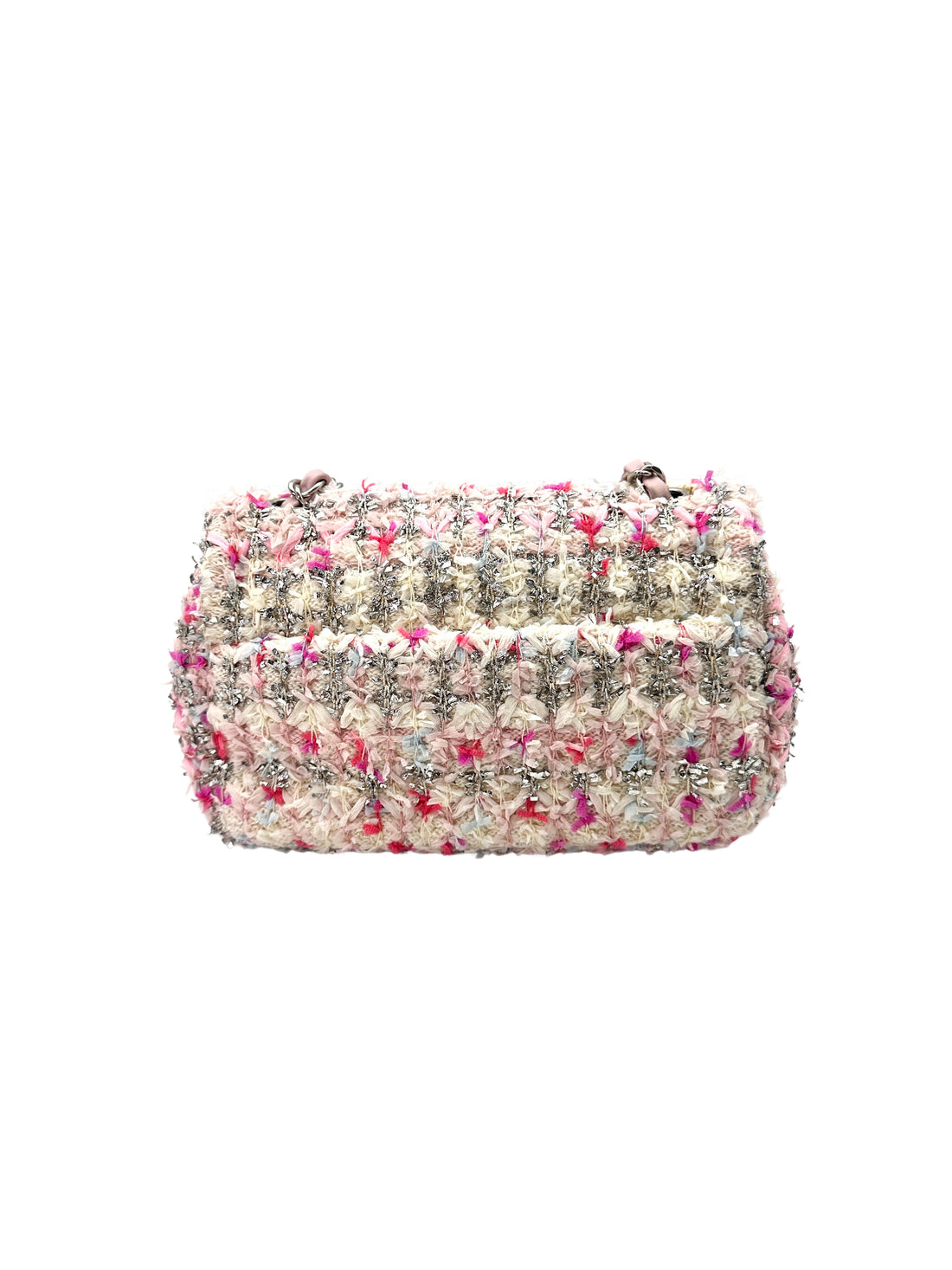 Chanel 18S Classic Flap Pink/Silver Ribbon Knit Tweed Shoulder Bag(25***55) IRIS050